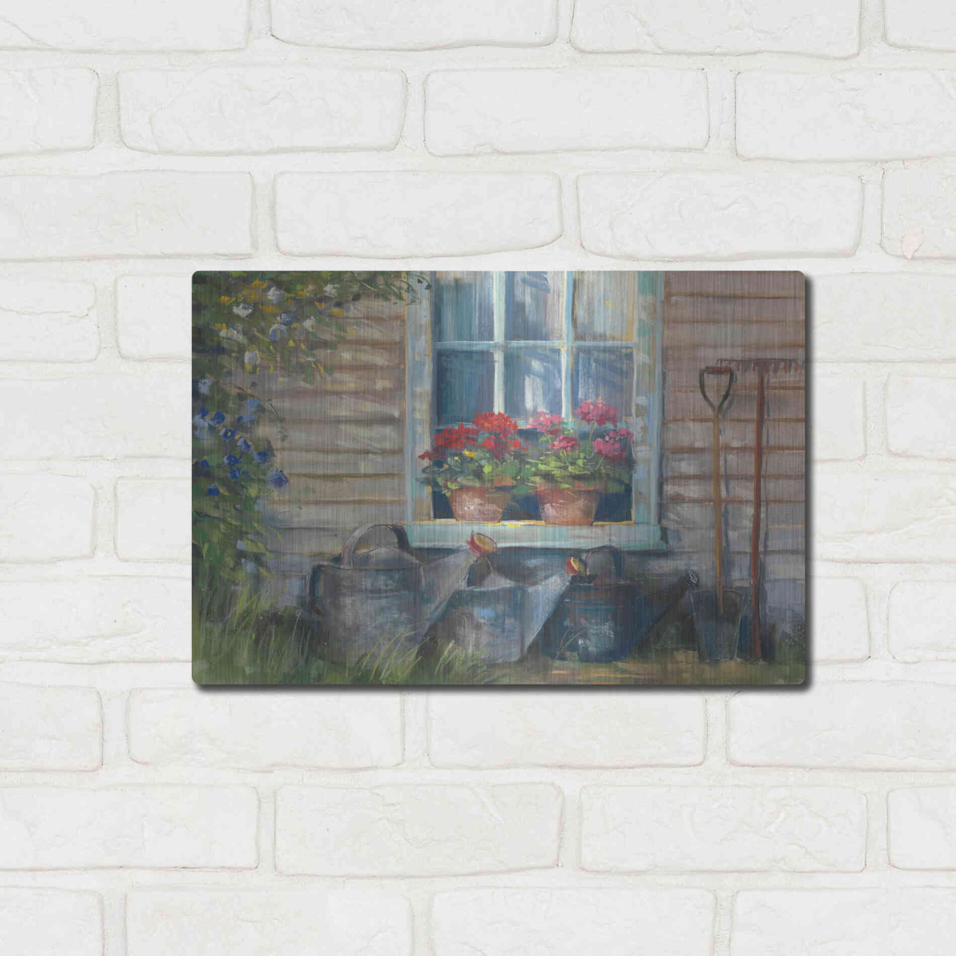 Luxe Metal Art 'Window With Geraniums' by Carol Rowan, Metal Wall Art,16x12
