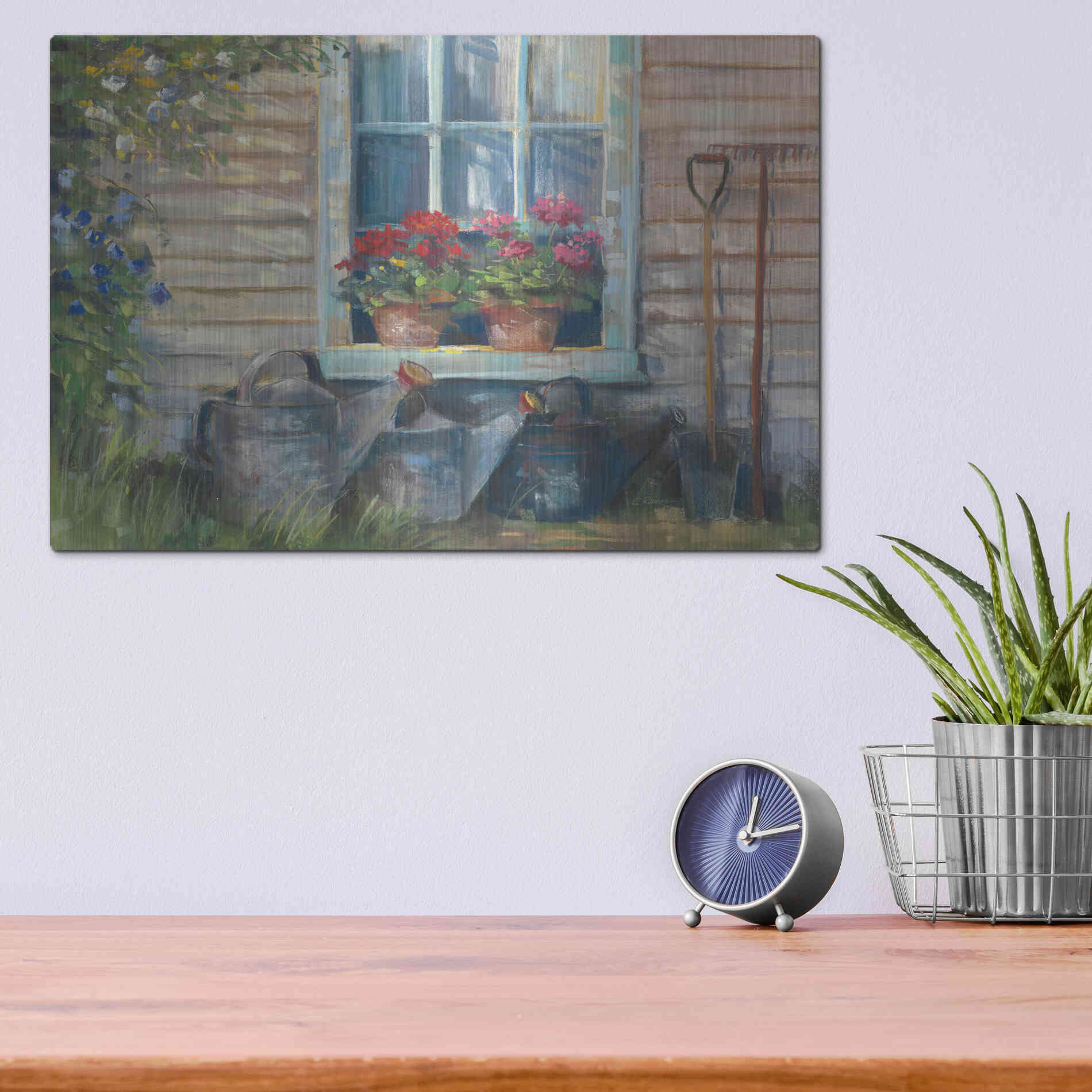 Luxe Metal Art 'Window With Geraniums' by Carol Rowan, Metal Wall Art,16x12