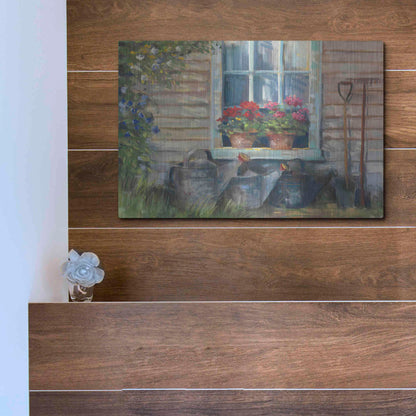 Luxe Metal Art 'Window With Geraniums' by Carol Rowan, Metal Wall Art,16x12