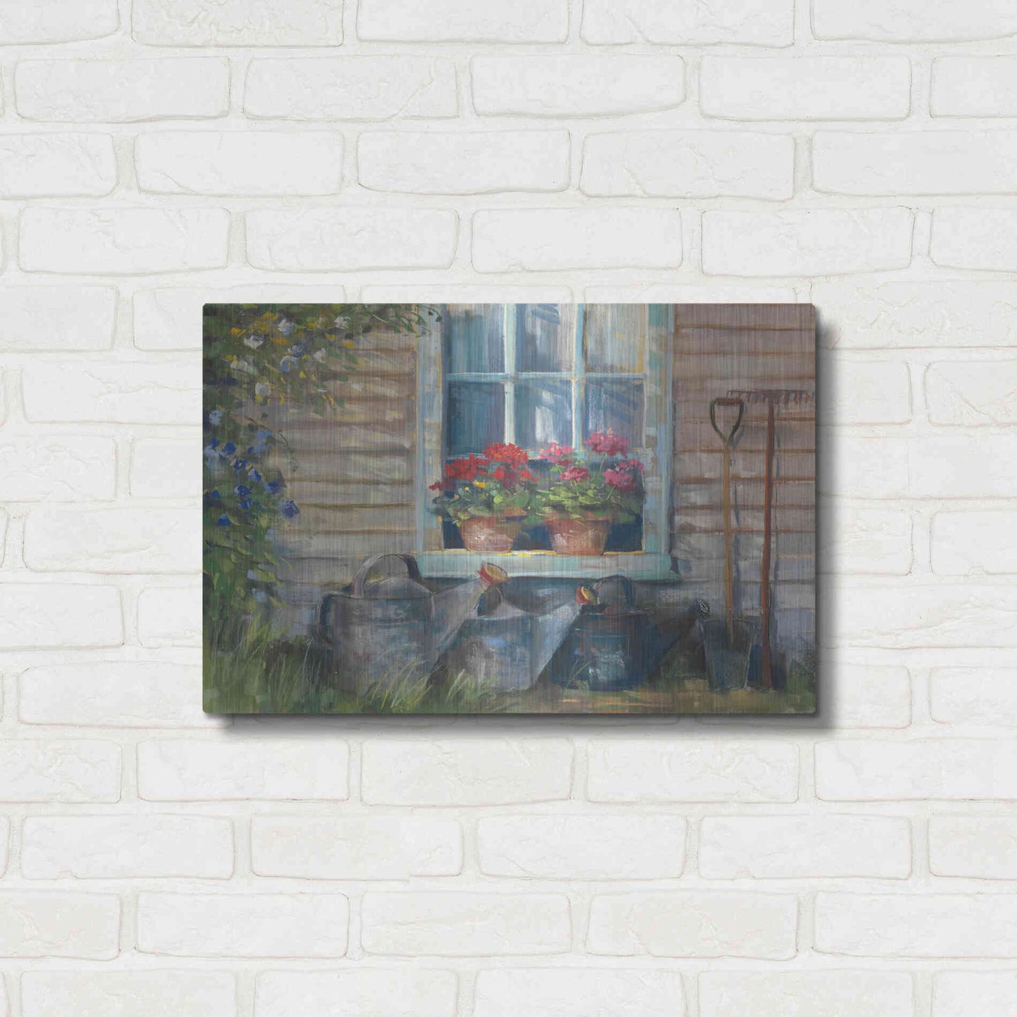Luxe Metal Art 'Window With Geraniums' by Carol Rowan, Metal Wall Art,24x16