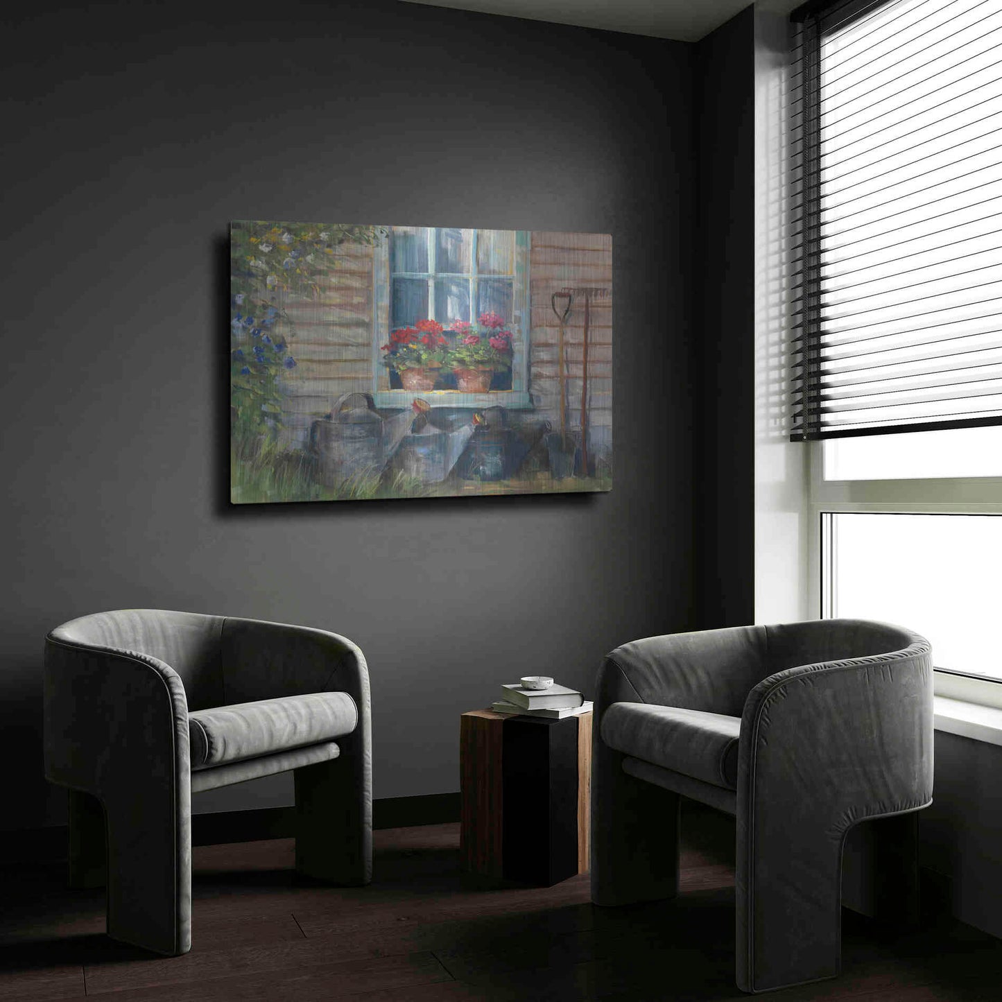 Luxe Metal Art 'Window With Geraniums' by Carol Rowan, Metal Wall Art,24x16