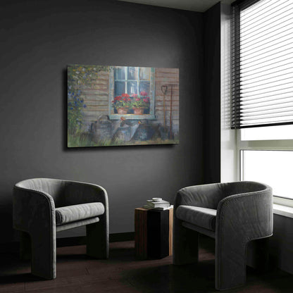 Luxe Metal Art 'Window With Geraniums' by Carol Rowan, Metal Wall Art,24x16