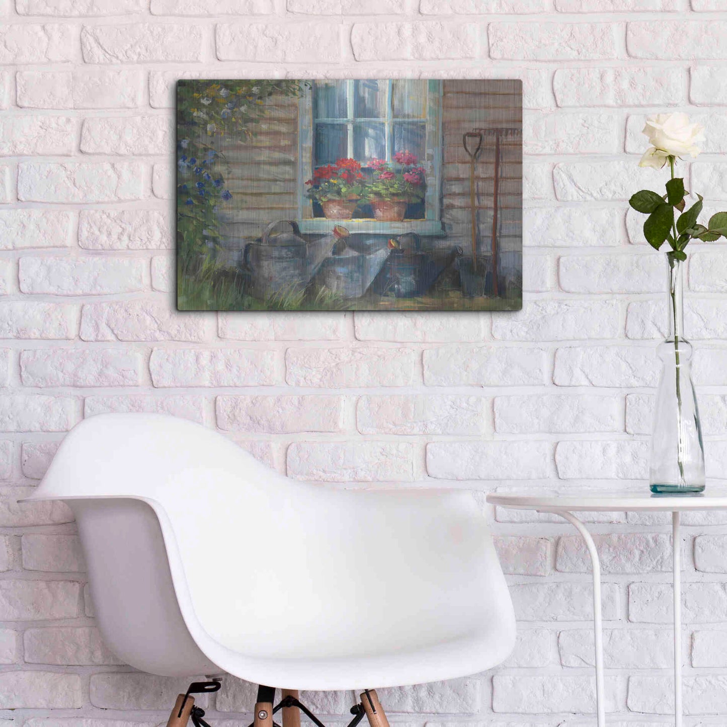 Luxe Metal Art 'Window With Geraniums' by Carol Rowan, Metal Wall Art,24x16