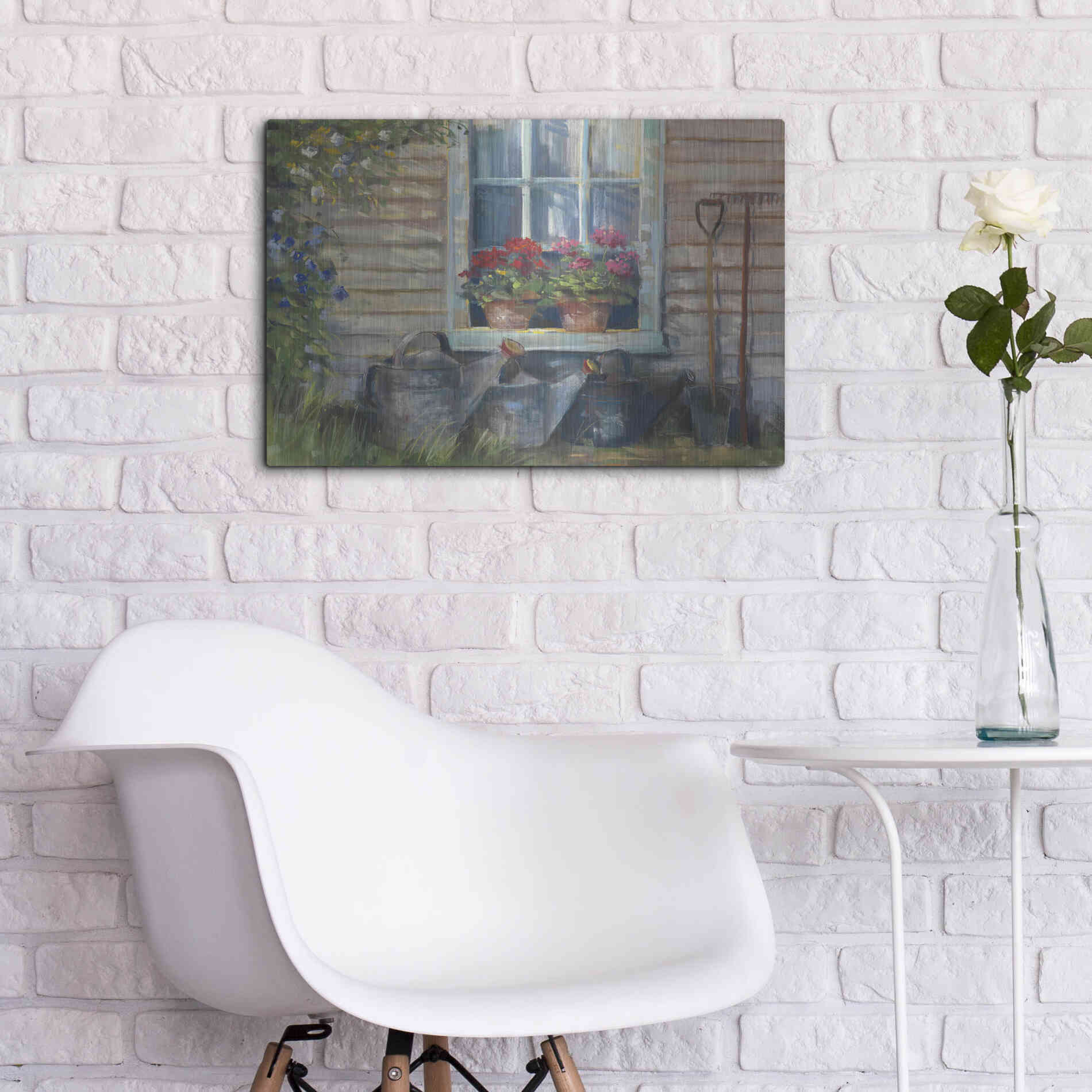 Luxe Metal Art 'Window With Geraniums' by Carol Rowan, Metal Wall Art,24x16