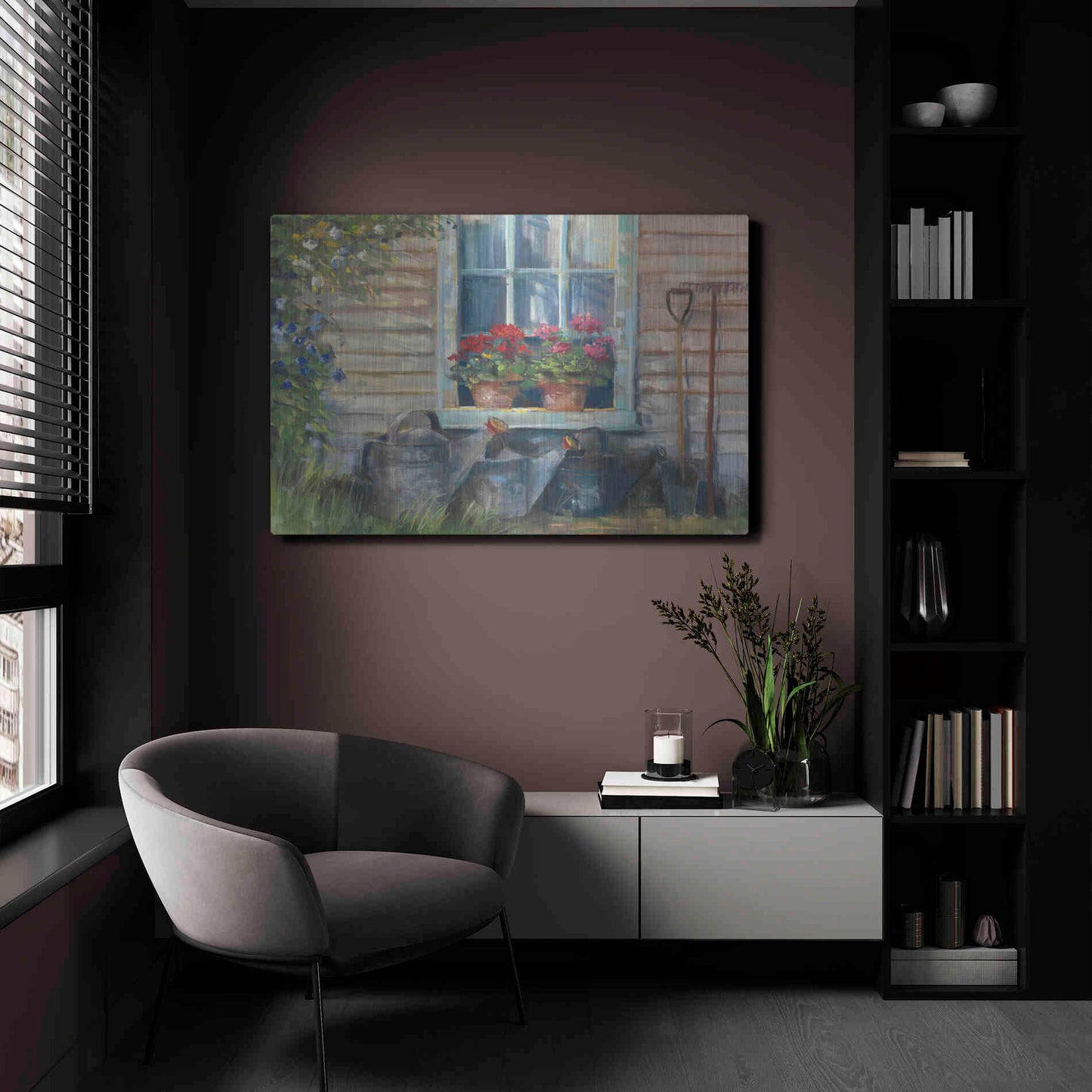 Luxe Metal Art 'Window With Geraniums' by Carol Rowan, Metal Wall Art,24x16