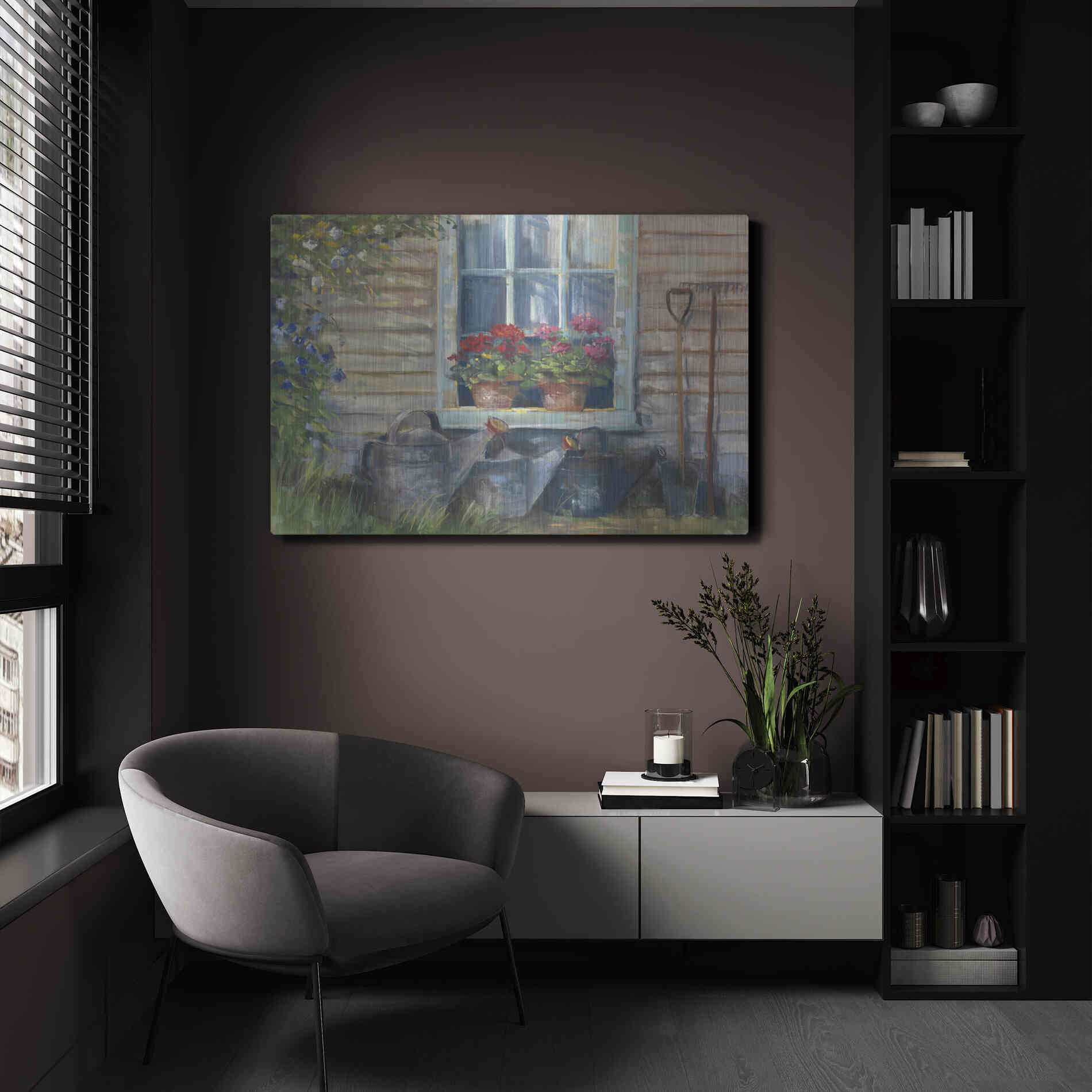 Luxe Metal Art 'Window With Geraniums' by Carol Rowan, Metal Wall Art,24x16
