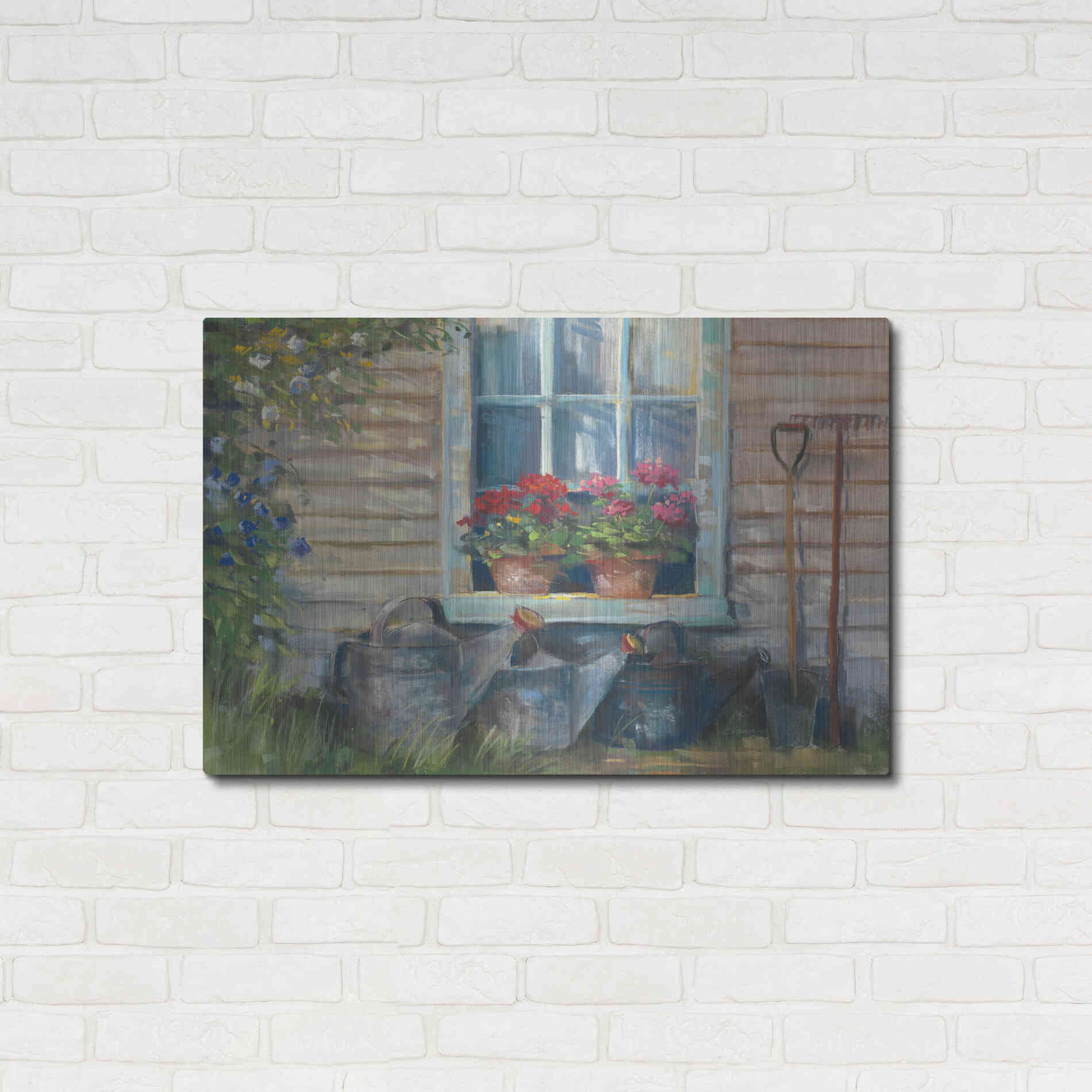 Luxe Metal Art 'Window With Geraniums' by Carol Rowan, Metal Wall Art,36x24