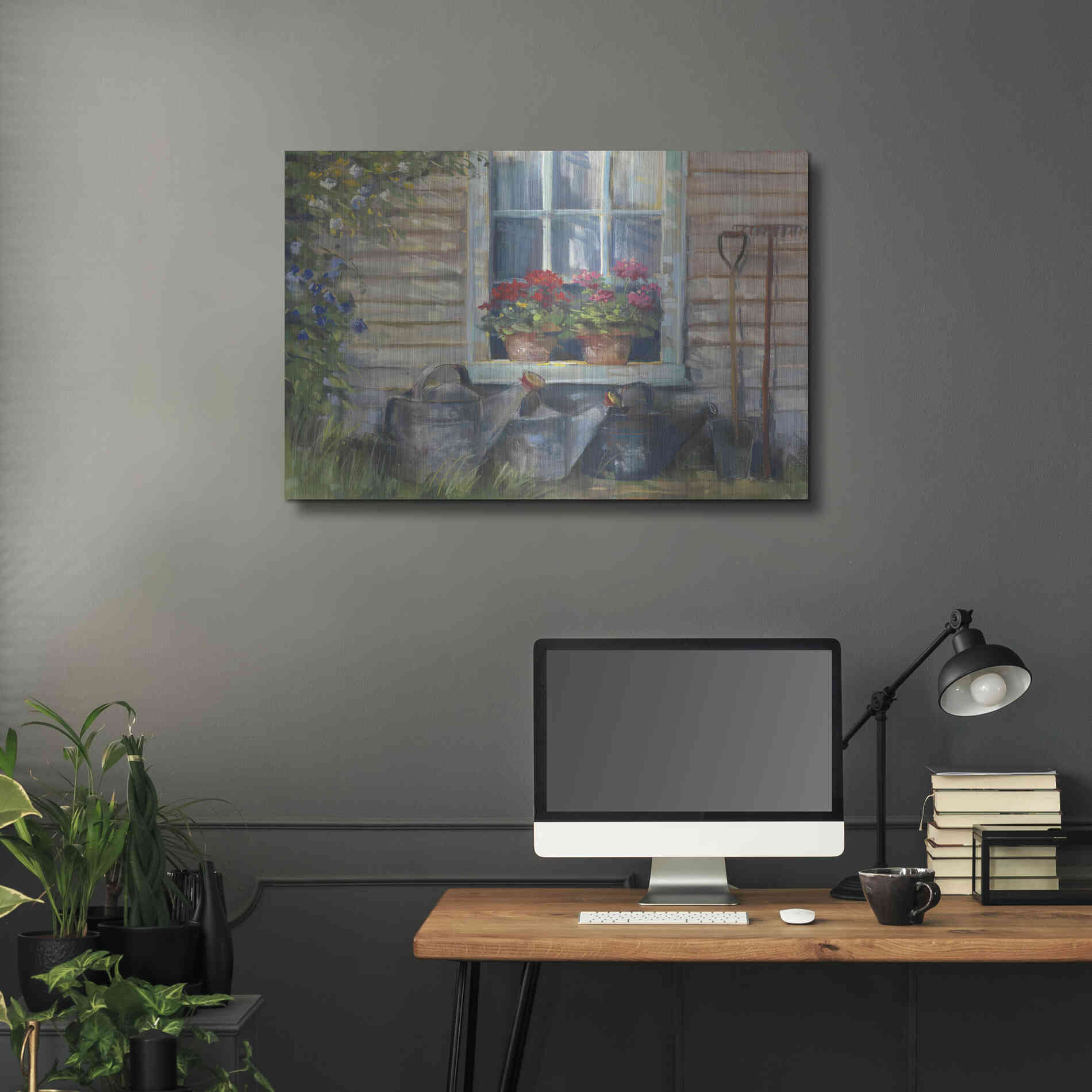 Luxe Metal Art 'Window With Geraniums' by Carol Rowan, Metal Wall Art,36x24