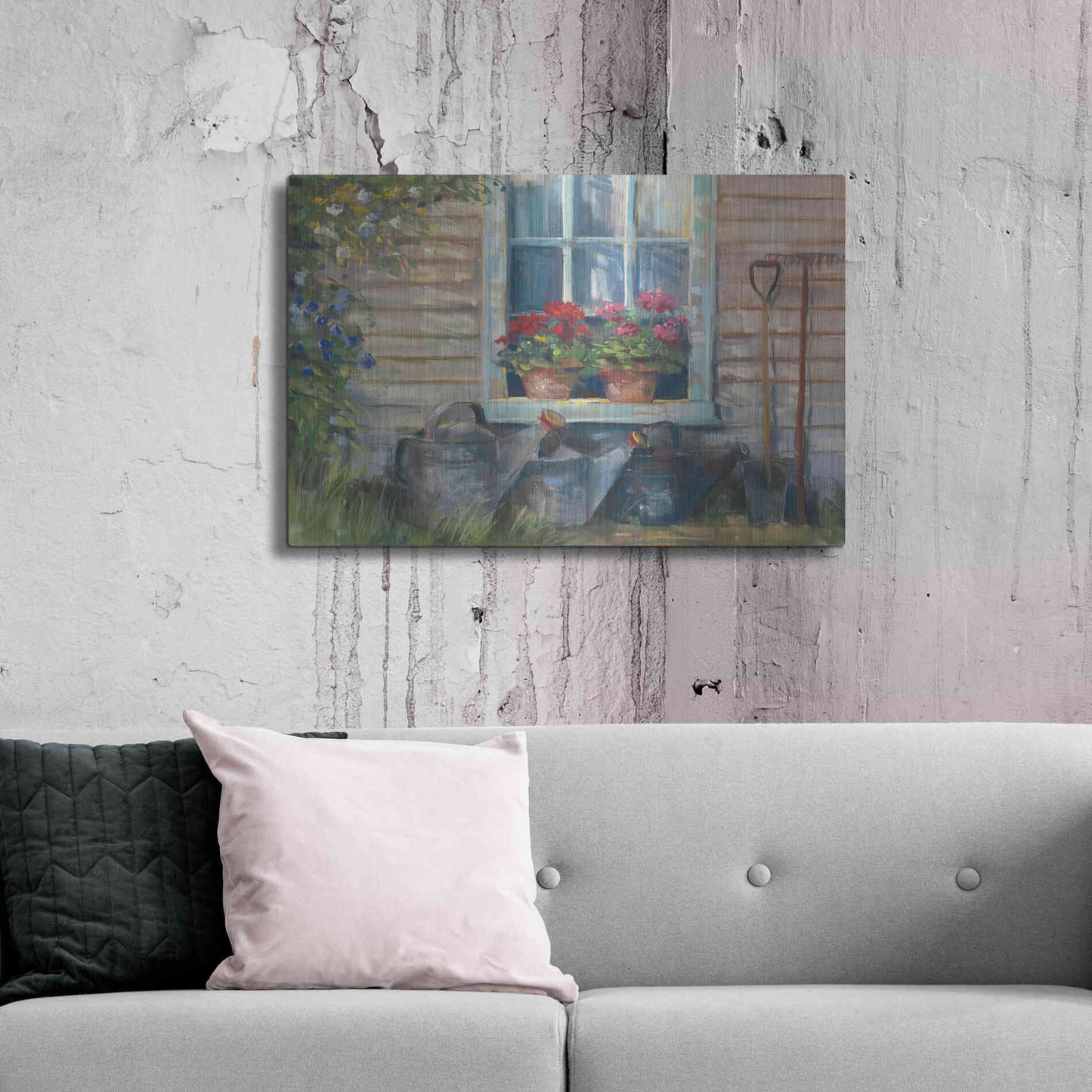 Luxe Metal Art 'Window With Geraniums' by Carol Rowan, Metal Wall Art,36x24