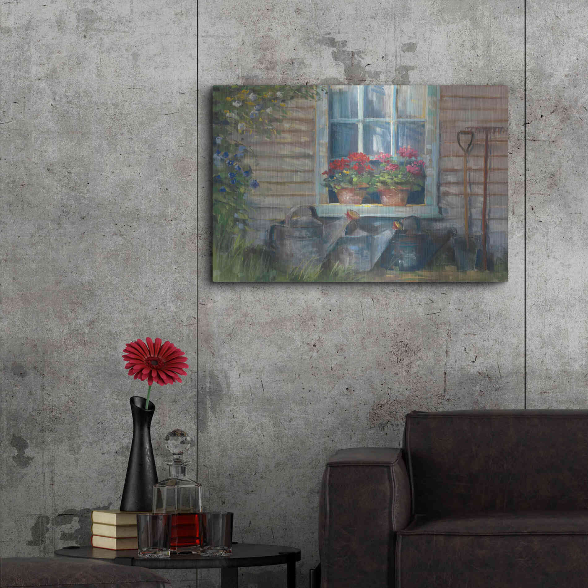 Luxe Metal Art 'Window With Geraniums' by Carol Rowan, Metal Wall Art,36x24