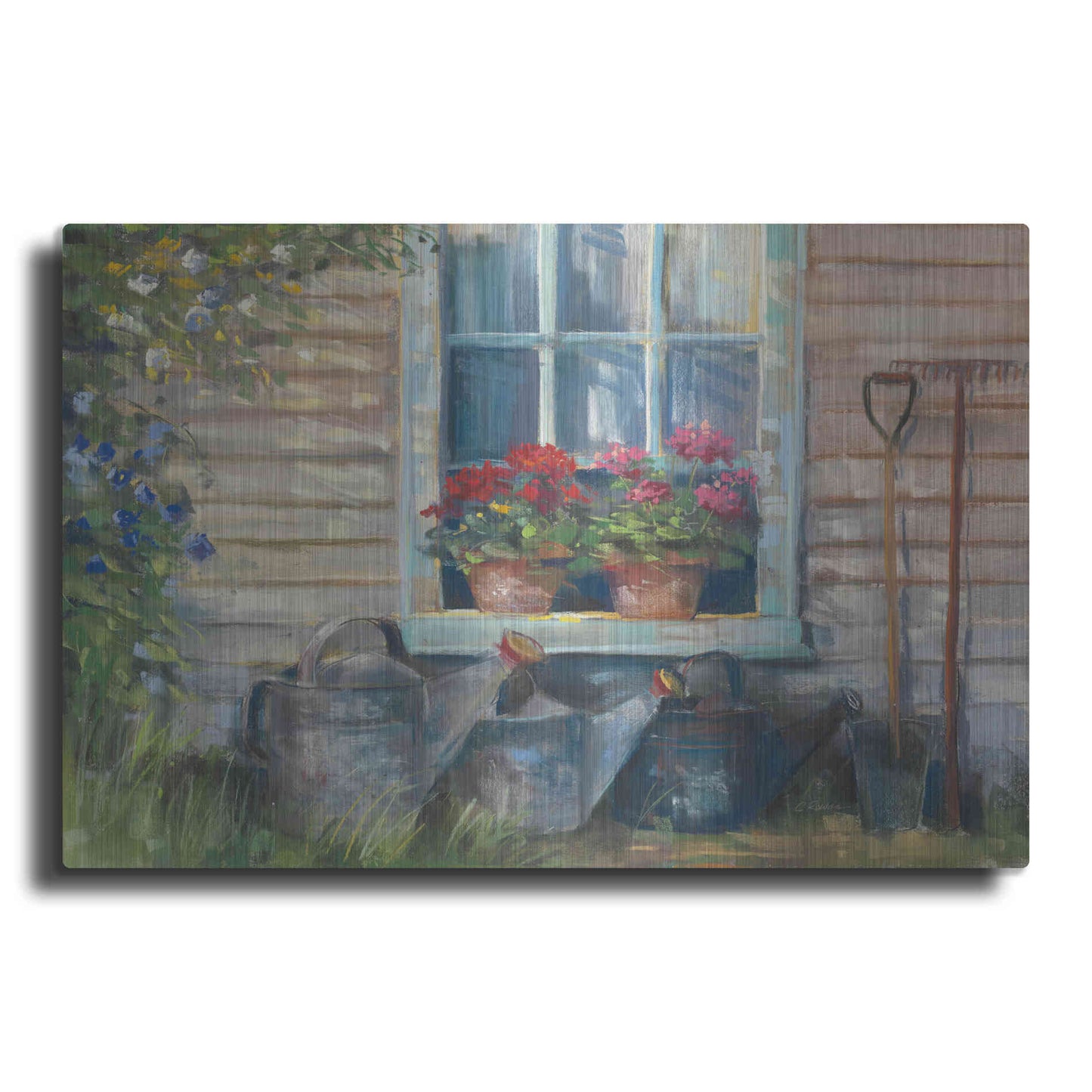 Luxe Metal Art 'Window With Geraniums' by Carol Rowan, Metal Wall Art