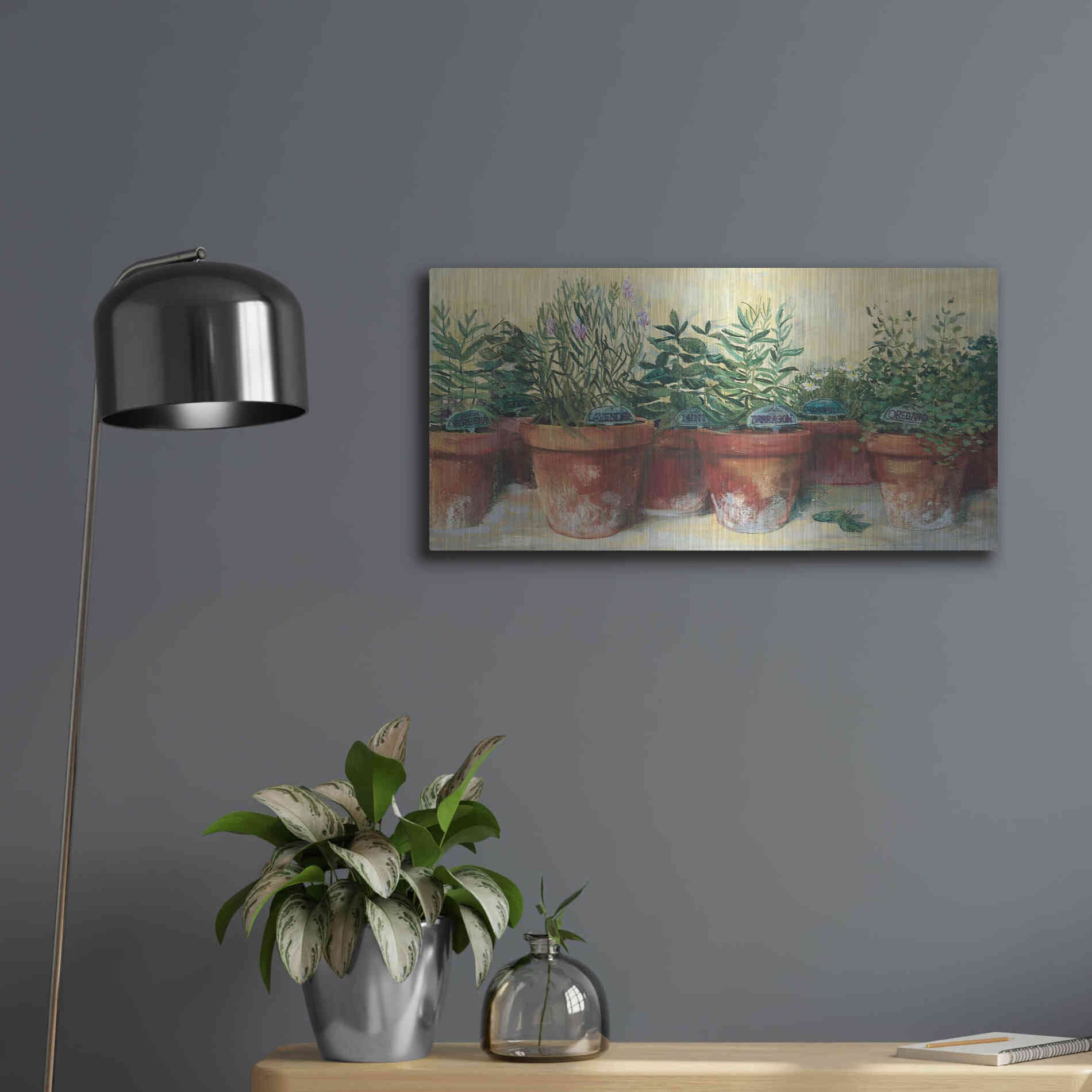 Luxe Metal Art 'Potted Herbs I' by Carol Rowan, Metal Wall Art,24x12