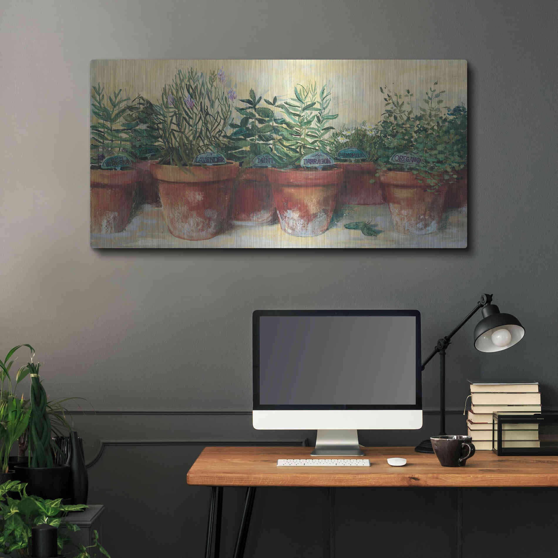 Luxe Metal Art 'Potted Herbs I' by Carol Rowan, Metal Wall Art,48x24