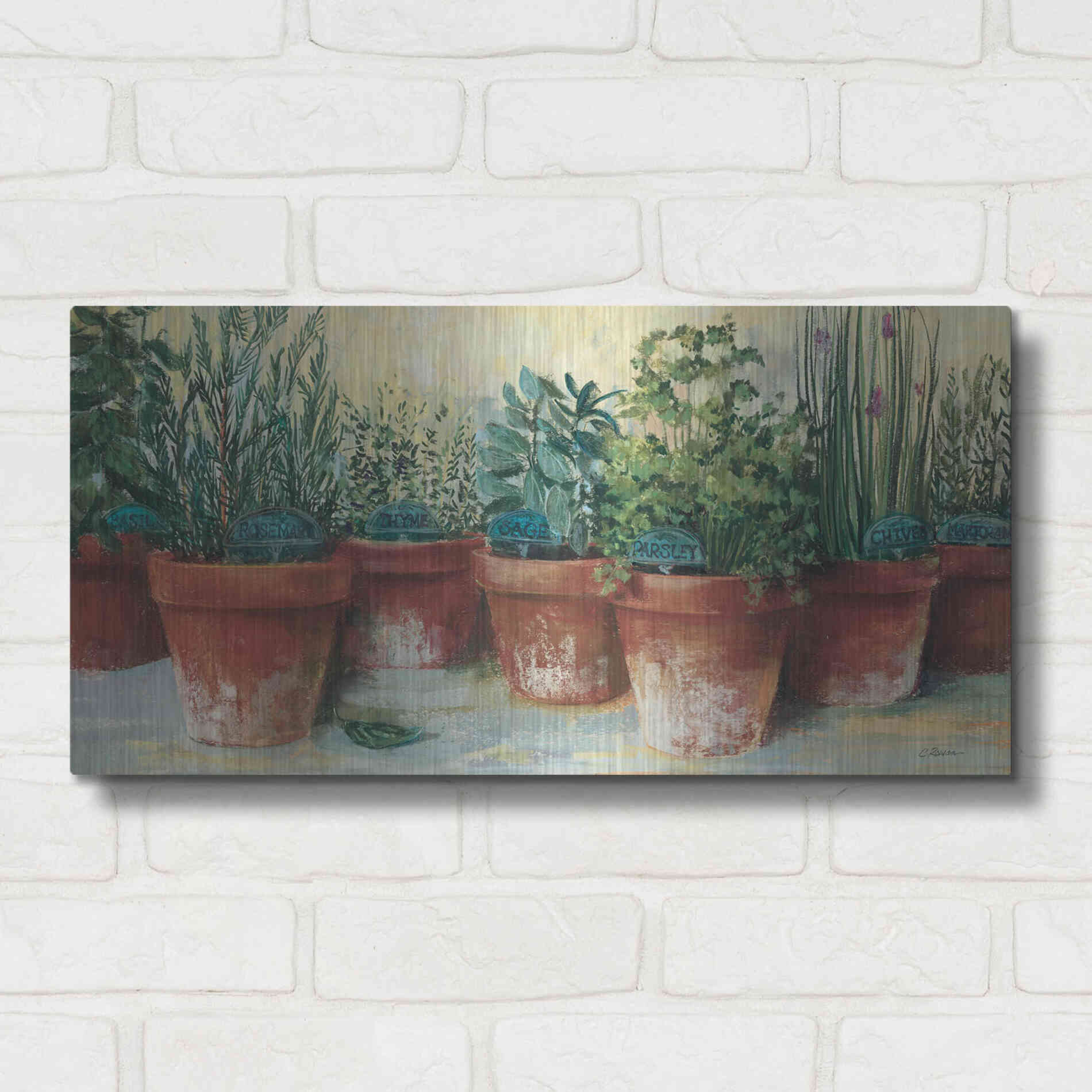 Luxe Metal Art 'Potted Herbs II' by Carol Rowan, Metal Wall Art,24x12