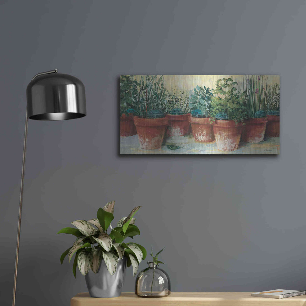 Luxe Metal Art 'Potted Herbs II' by Carol Rowan, Metal Wall Art,24x12