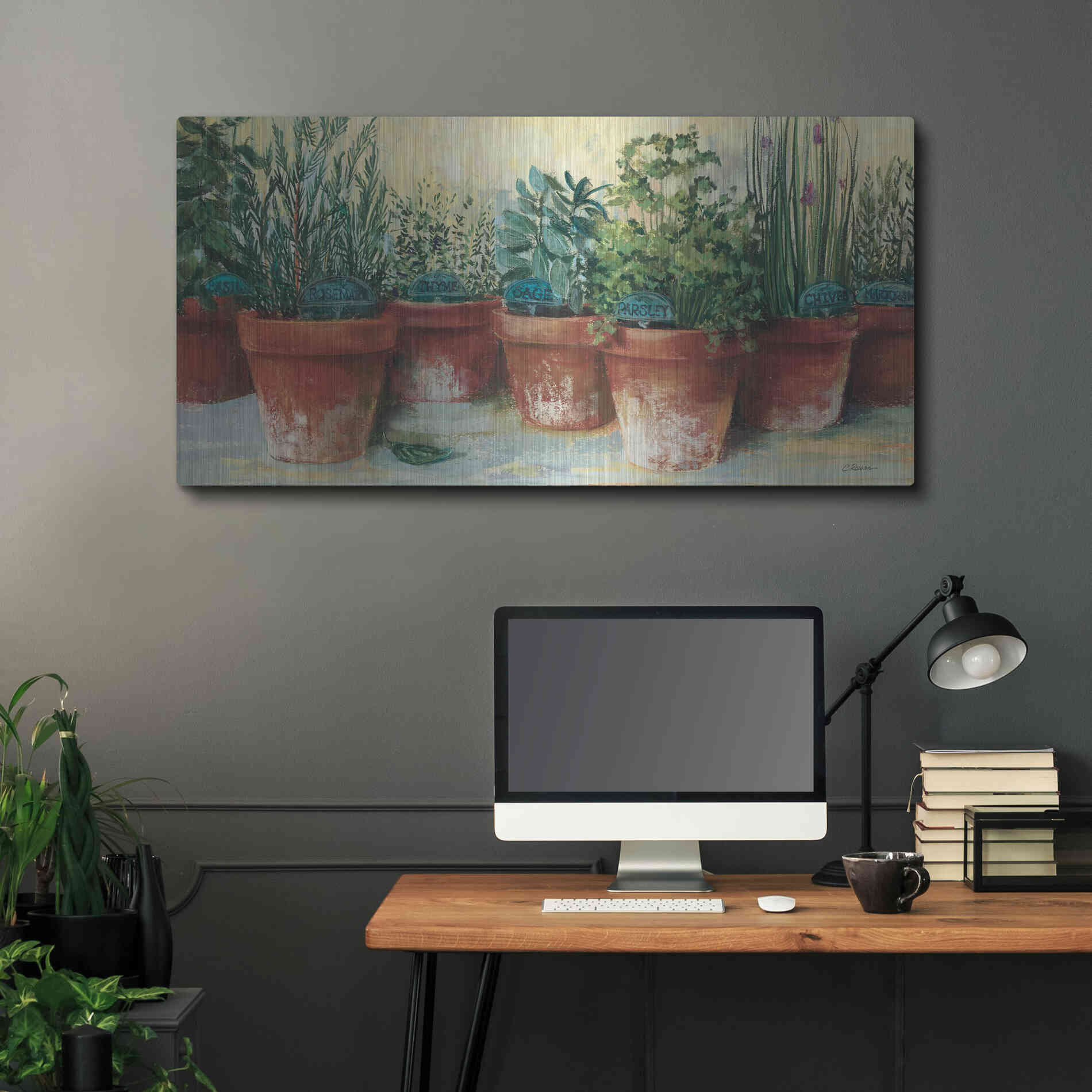 Luxe Metal Art 'Potted Herbs II' by Carol Rowan, Metal Wall Art,48x24