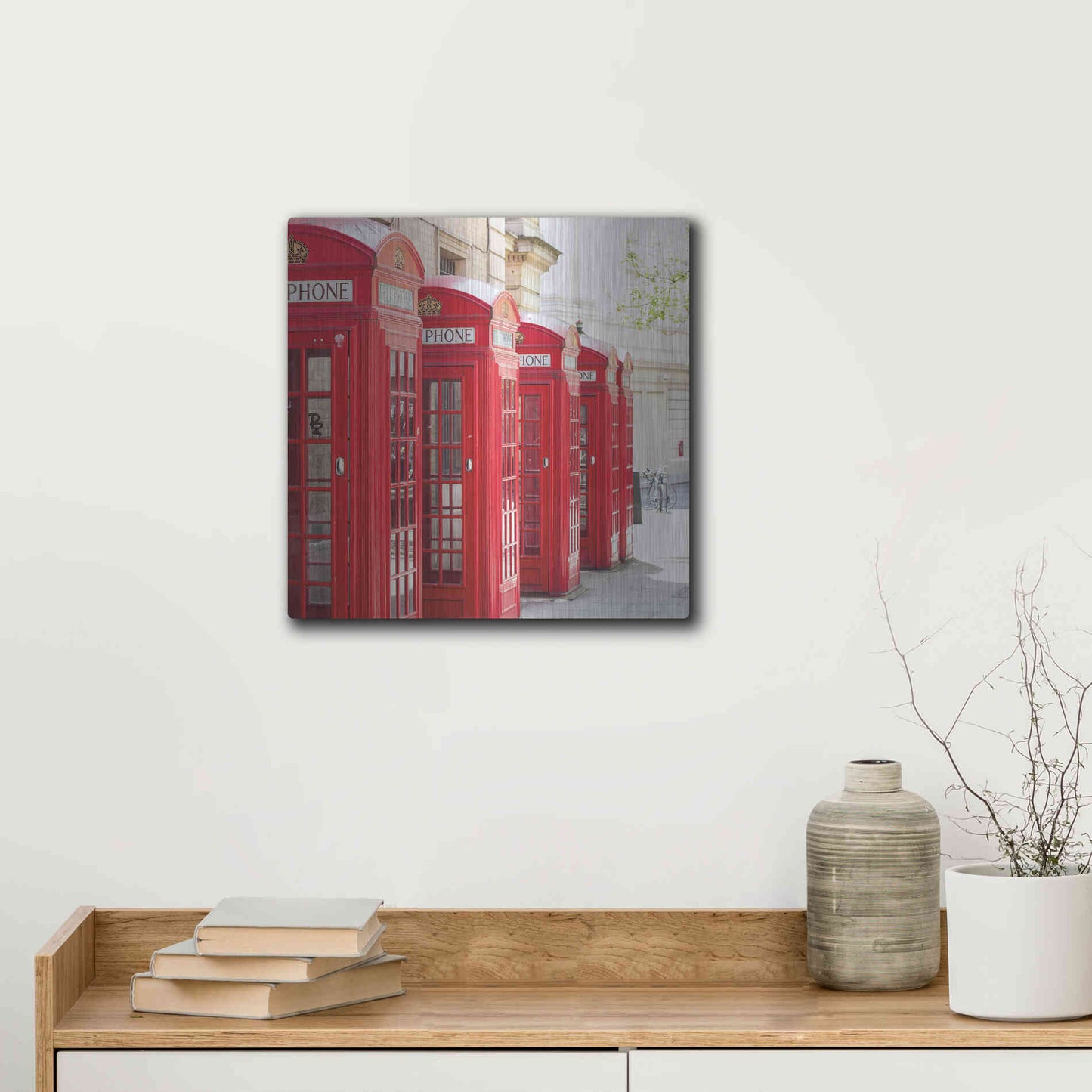 Luxe Metal Art 'Covent Garden Phone Boxes' by Keri Bevan, Metal Wall Art,12x12