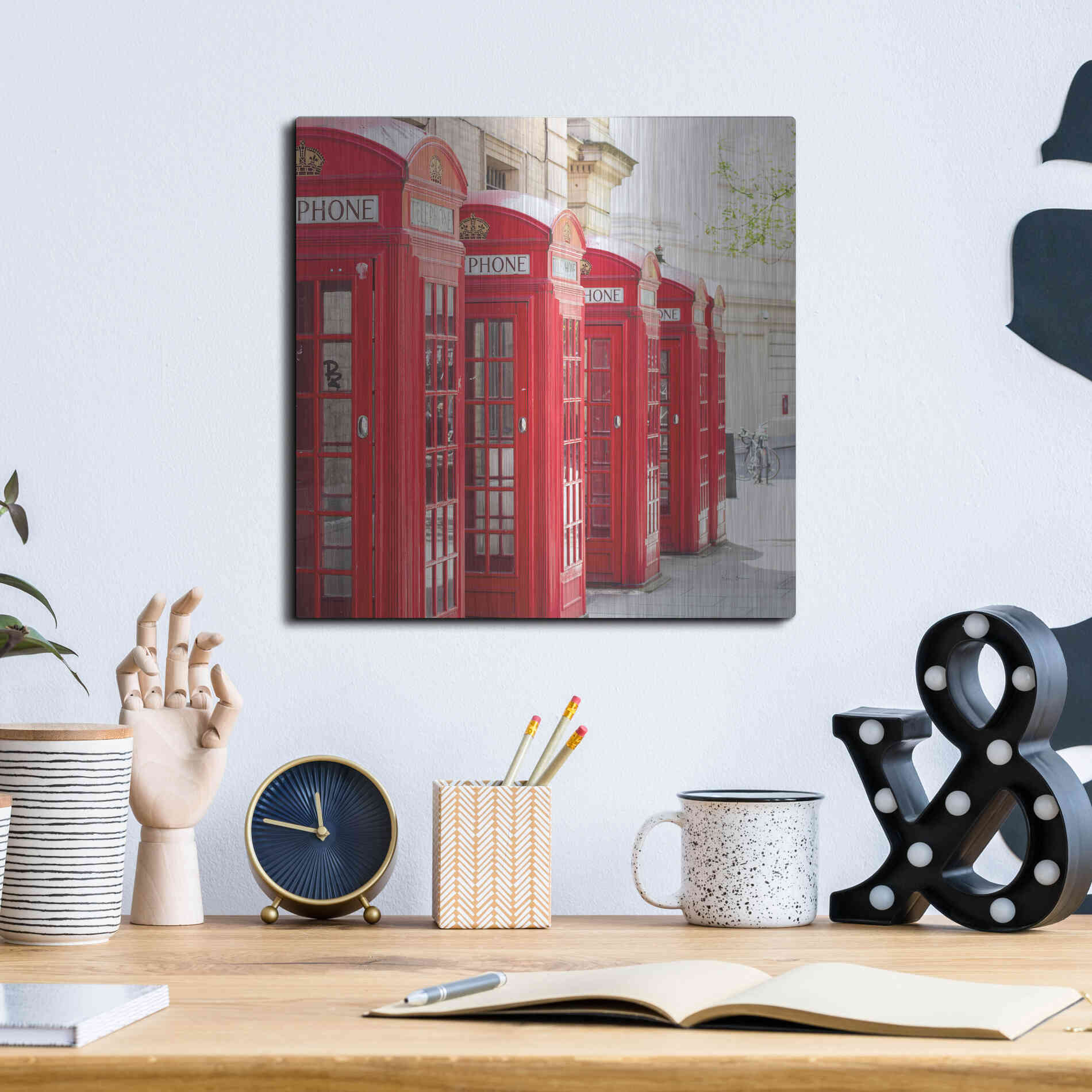 Luxe Metal Art 'Covent Garden Phone Boxes' by Keri Bevan, Metal Wall Art,12x12