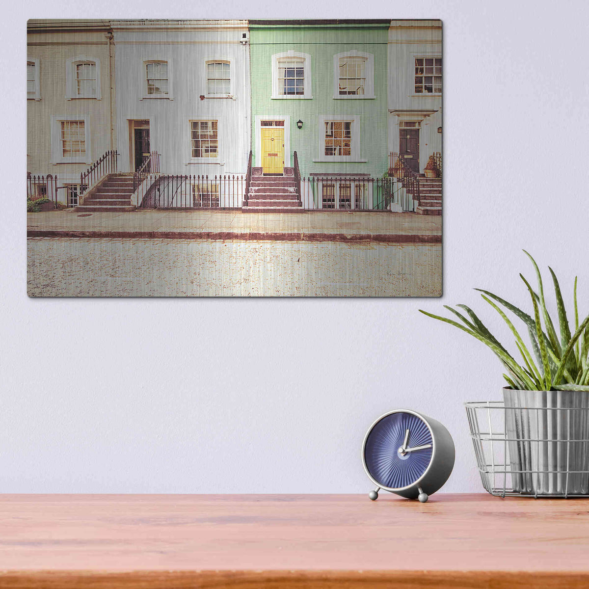 Luxe Metal Art 'Chelsea Houses All Lined Up' by Keri Bevan, Metal Wall Art,16x12