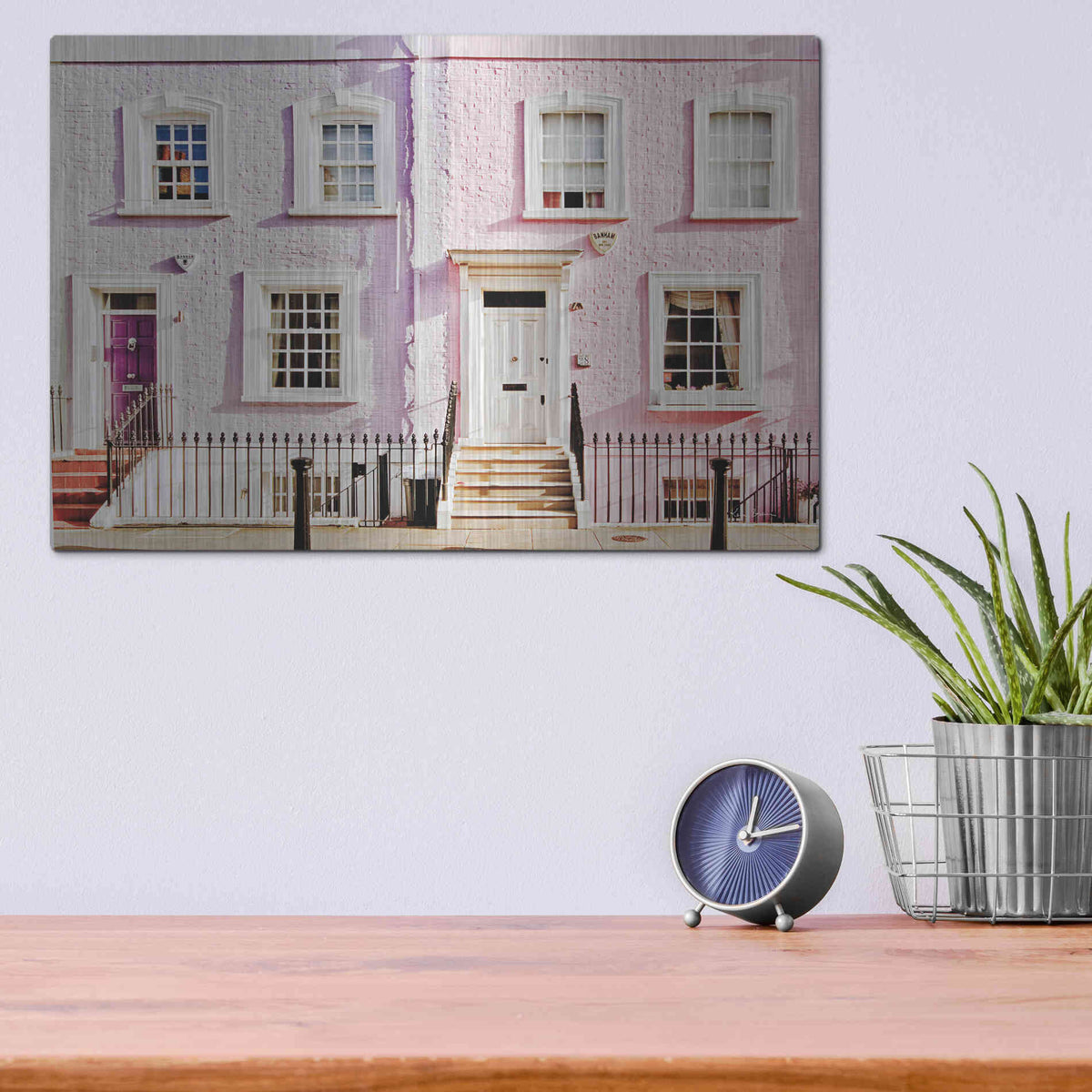 Luxe Metal Art 'London Pink Purple Houses' by Keri Bevan, Metal Wall Art,16x12
