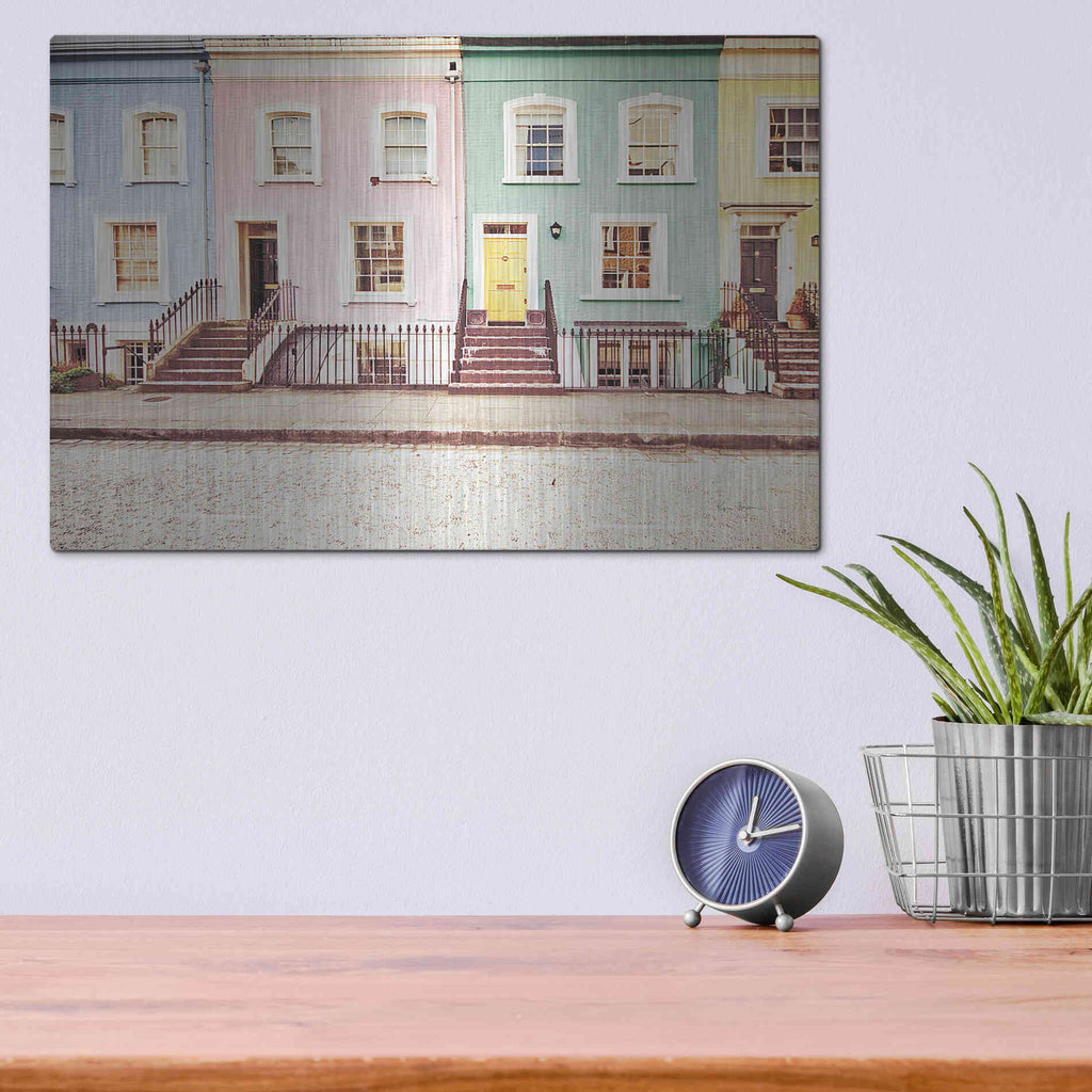 Luxe Metal Art 'Chelsea Houses All Lined Up Spring' by Keri Bevan, Metal Wall Art,16x12