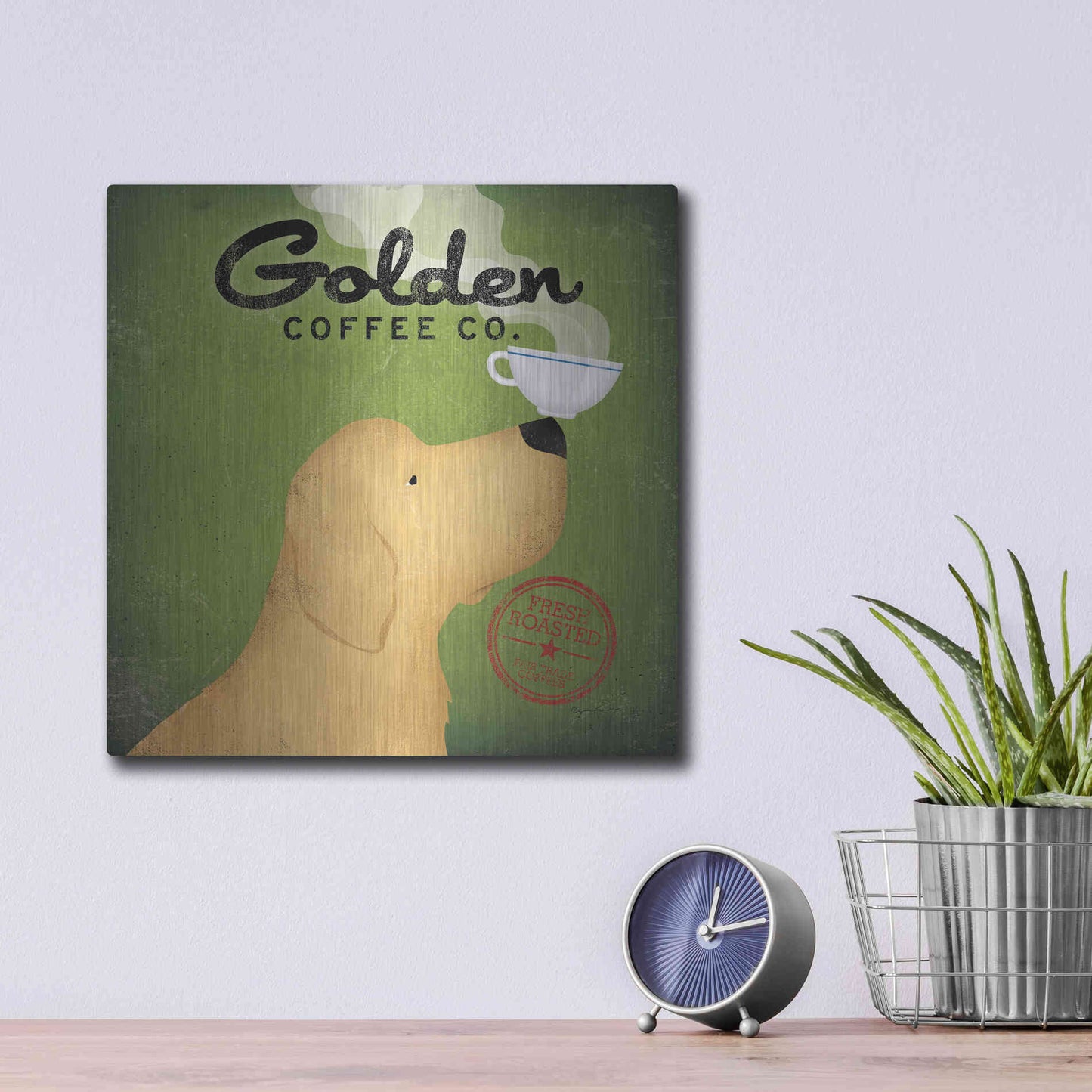 Luxe Metal Art 'Golden Coffee Co On Green' by Ryan Fowler, Metal Wall Art,12x12