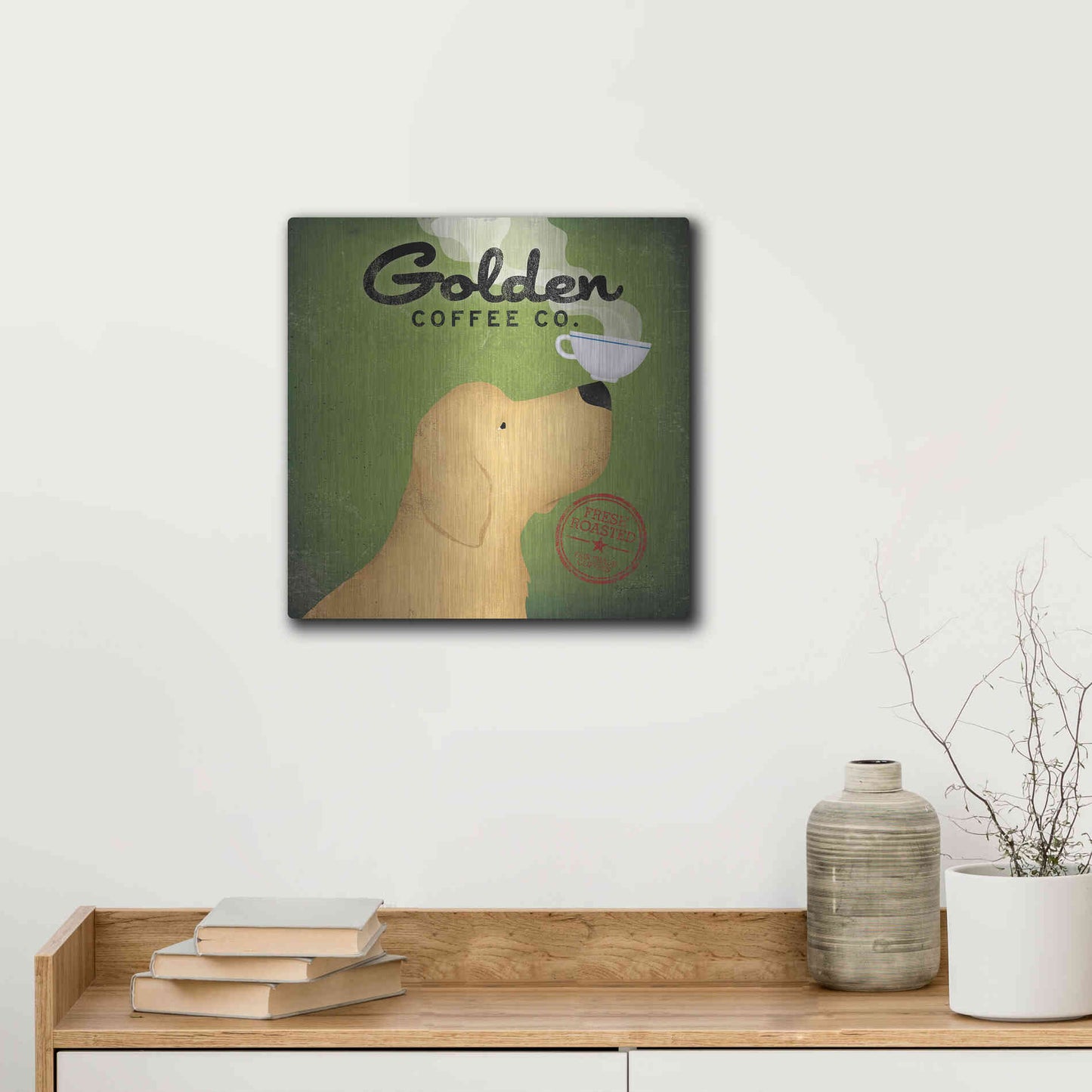 Luxe Metal Art 'Golden Coffee Co On Green' by Ryan Fowler, Metal Wall Art,12x12