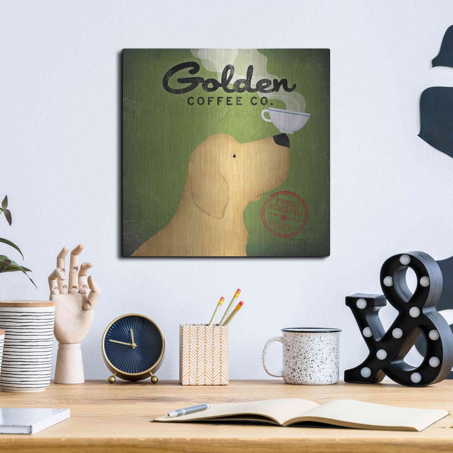 Luxe Metal Art 'Golden Coffee Co On Green' by Ryan Fowler, Metal Wall Art,12x12