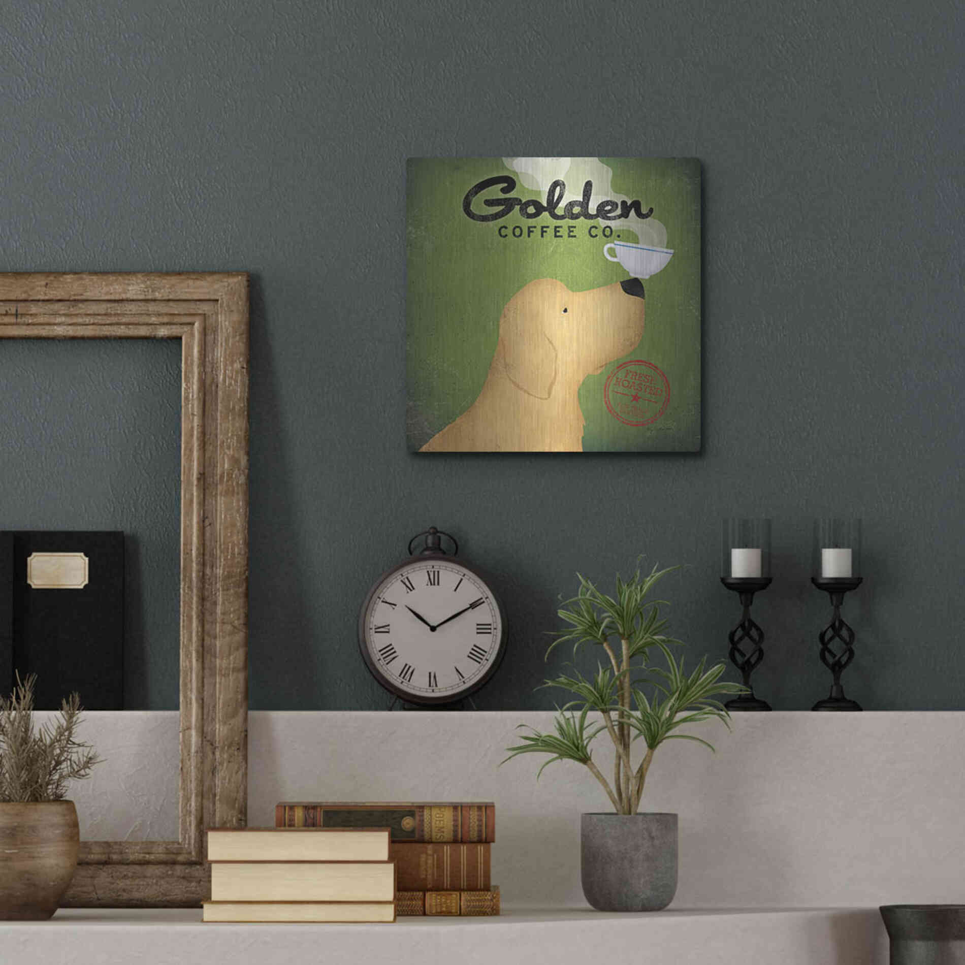 Luxe Metal Art 'Golden Coffee Co On Green' by Ryan Fowler, Metal Wall Art,12x12