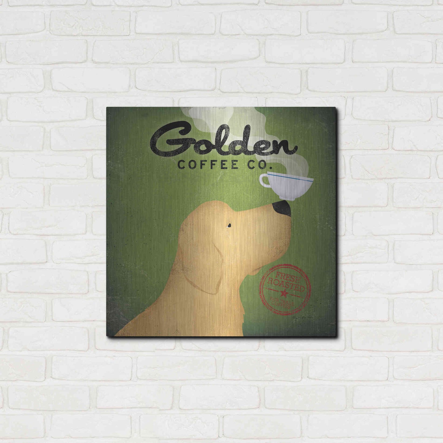 Luxe Metal Art 'Golden Coffee Co On Green' by Ryan Fowler, Metal Wall Art,24x24