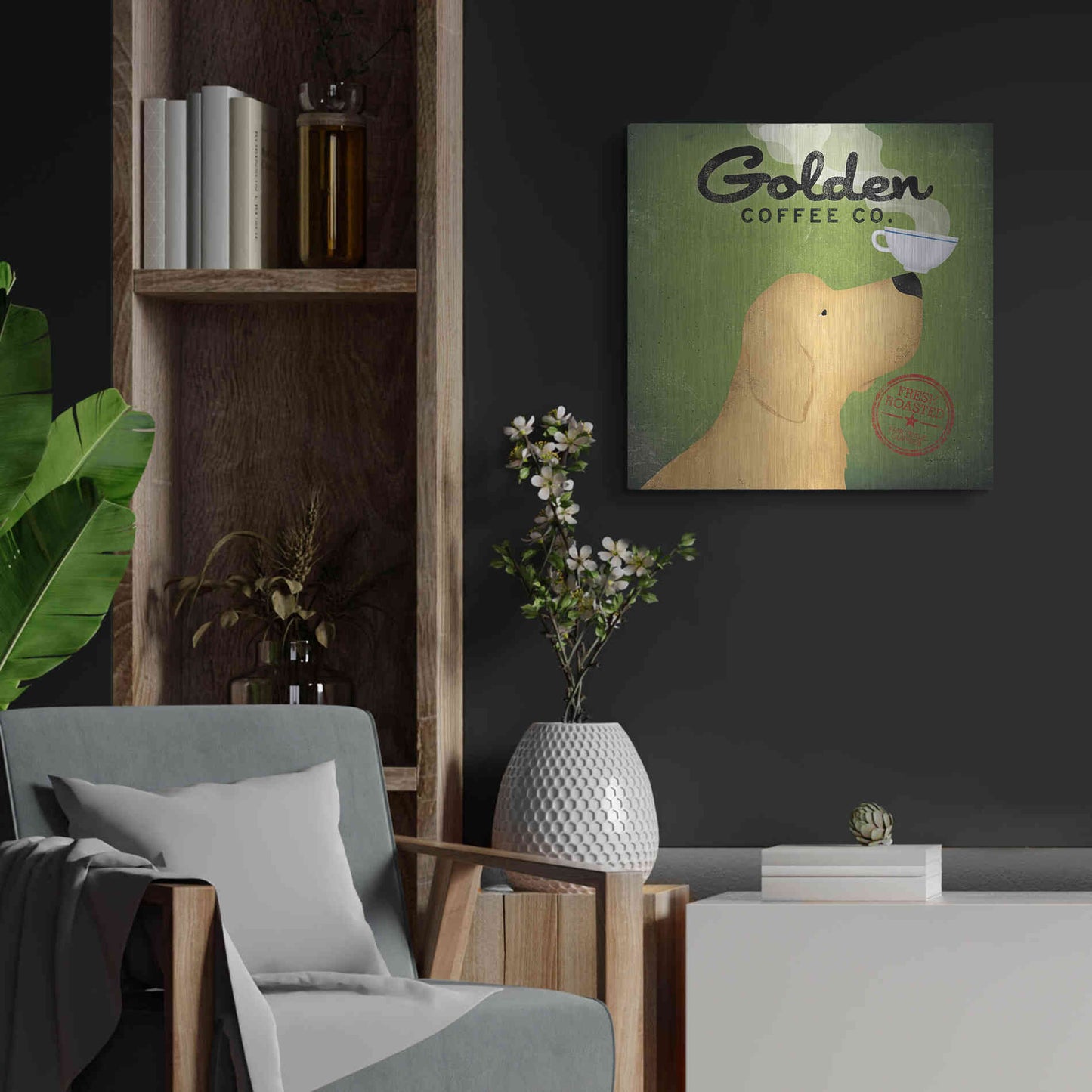 Luxe Metal Art 'Golden Coffee Co On Green' by Ryan Fowler, Metal Wall Art,24x24