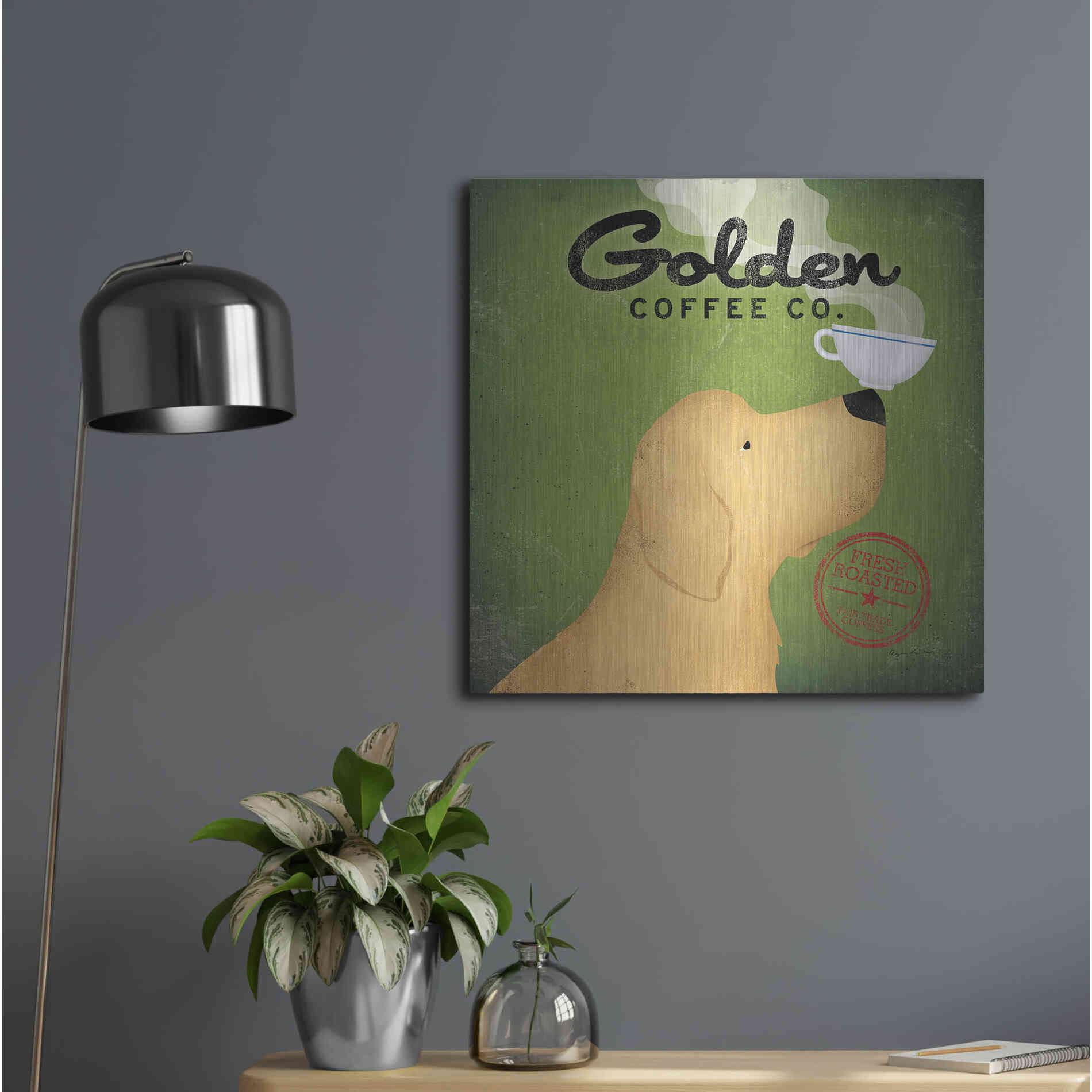 Luxe Metal Art 'Golden Coffee Co On Green' by Ryan Fowler, Metal Wall Art,24x24