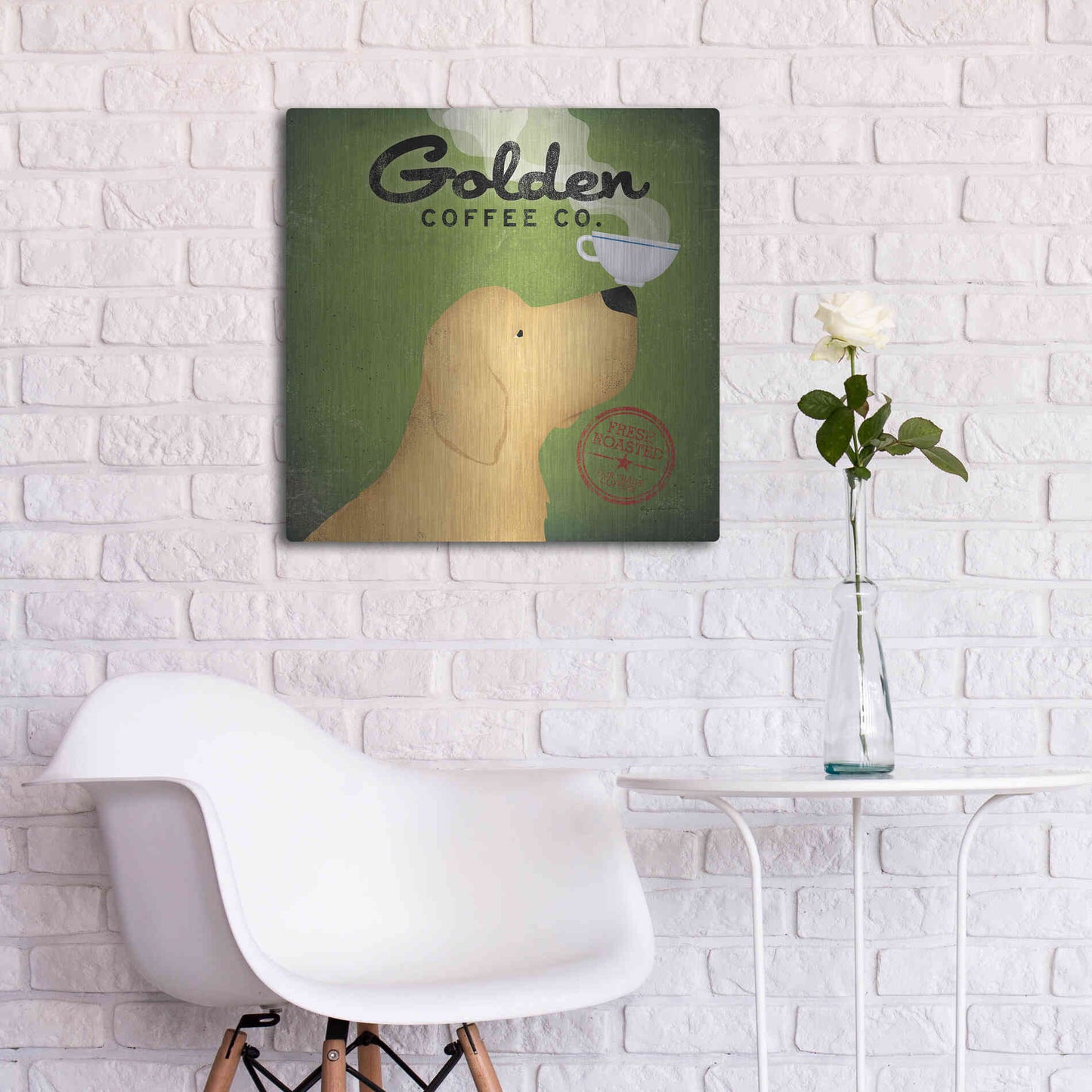 Luxe Metal Art 'Golden Coffee Co On Green' by Ryan Fowler, Metal Wall Art,24x24