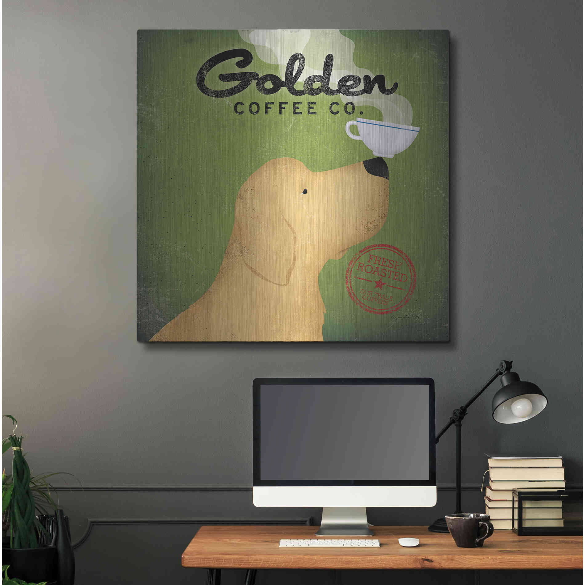 Luxe Metal Art 'Golden Coffee Co On Green' by Ryan Fowler, Metal Wall Art,36x36