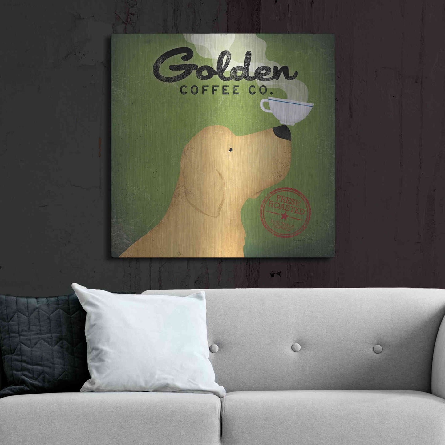 Luxe Metal Art 'Golden Coffee Co On Green' by Ryan Fowler, Metal Wall Art,36x36