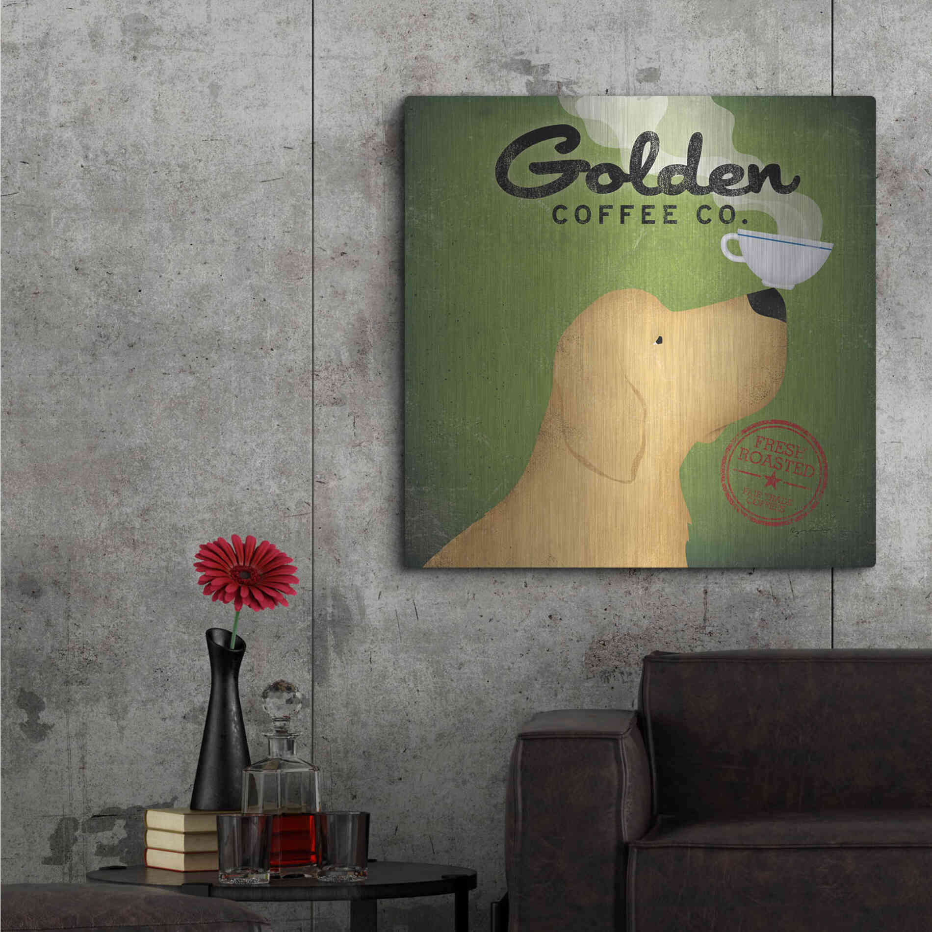Luxe Metal Art 'Golden Coffee Co On Green' by Ryan Fowler, Metal Wall Art,36x36