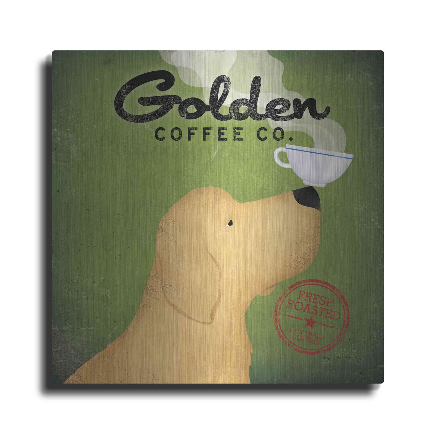 Luxe Metal Art 'Golden Coffee Co On Green' by Ryan Fowler, Metal Wall Art