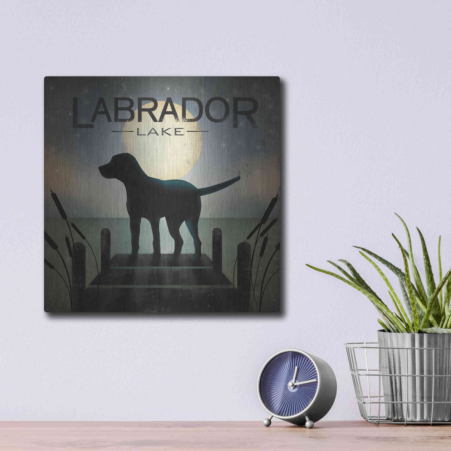 Luxe Metal Art 'Moonrise Black Dog - Labrador Lake 2' by Ryan Fowler, Metal Wall Art,12x12