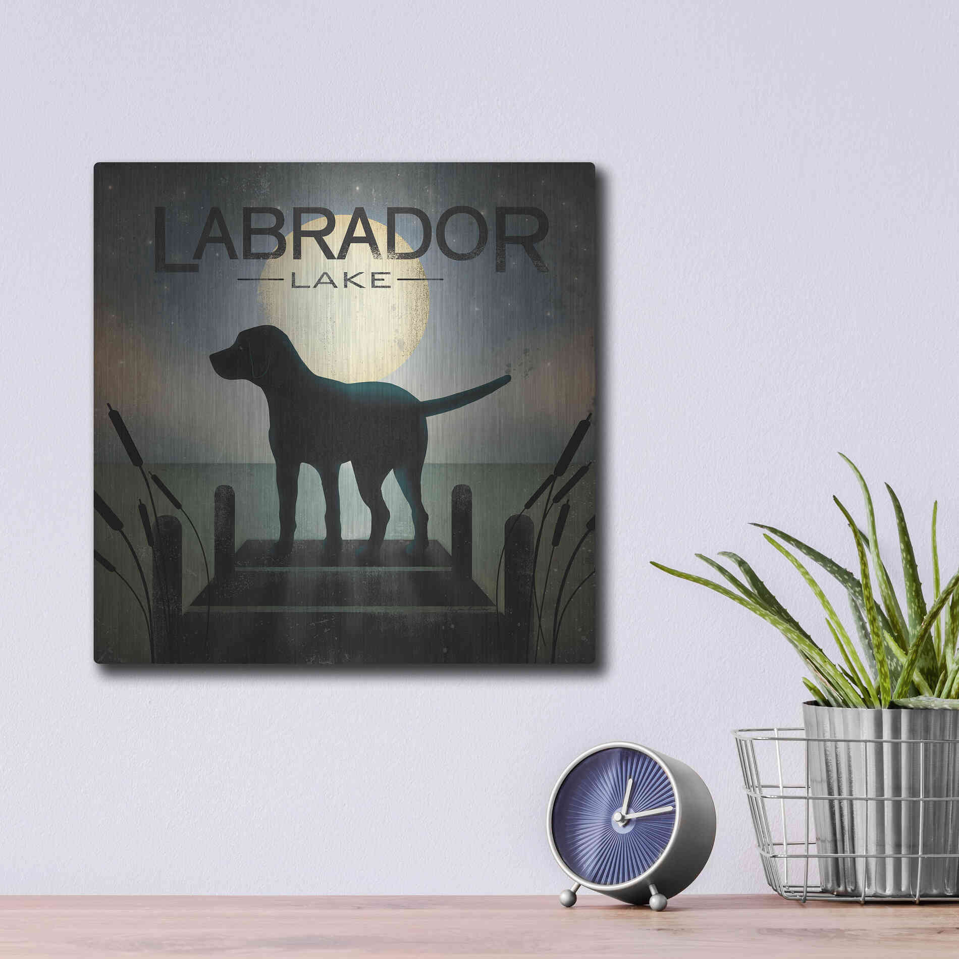 Luxe Metal Art 'Moonrise Black Dog - Labrador Lake 2' by Ryan Fowler, Metal Wall Art,12x12