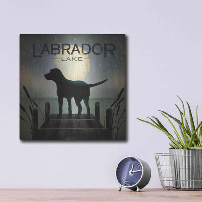 Luxe Metal Art 'Moonrise Black Dog - Labrador Lake 2' by Ryan Fowler, Metal Wall Art,12x12