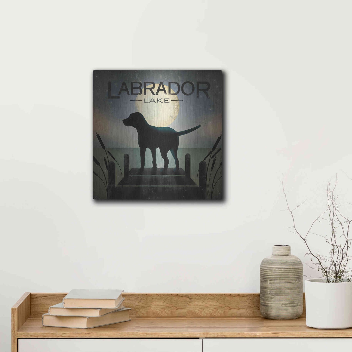 Luxe Metal Art 'Moonrise Black Dog - Labrador Lake 2' by Ryan Fowler, Metal Wall Art,12x12
