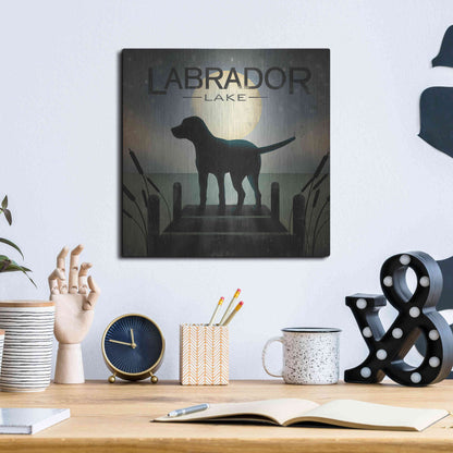 Luxe Metal Art 'Moonrise Black Dog - Labrador Lake 2' by Ryan Fowler, Metal Wall Art,12x12