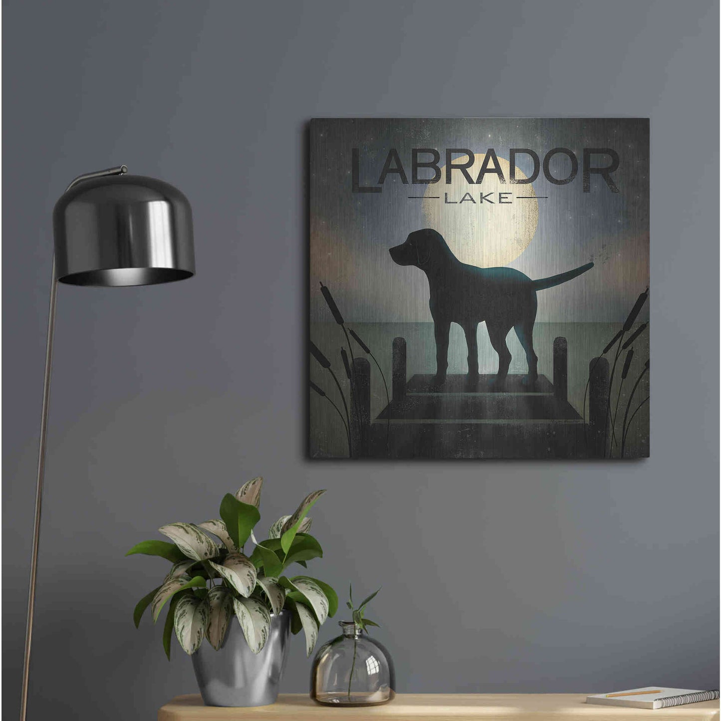 Luxe Metal Art 'Moonrise Black Dog - Labrador Lake 2' by Ryan Fowler, Metal Wall Art,24x24