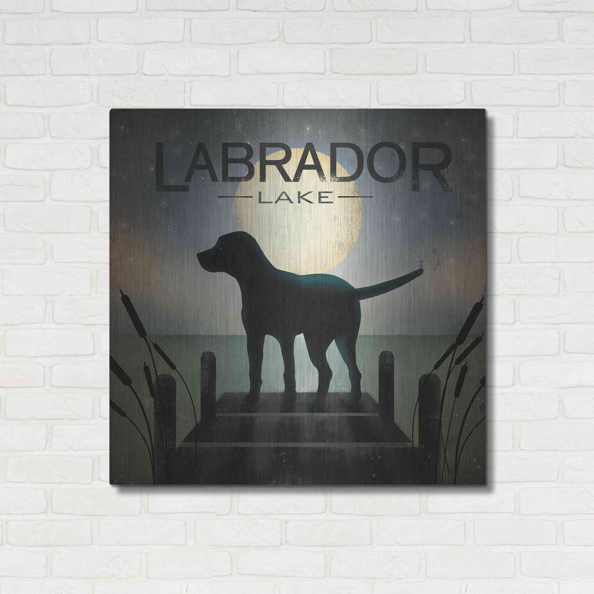 Luxe Metal Art 'Moonrise Black Dog - Labrador Lake 2' by Ryan Fowler, Metal Wall Art,36x36