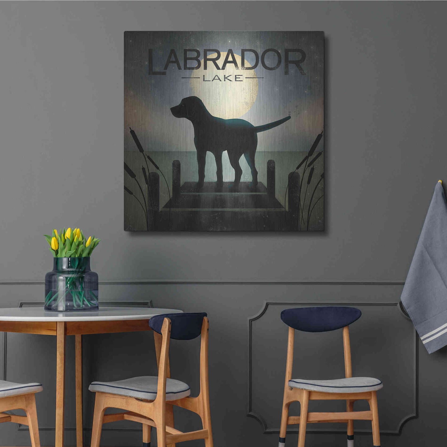 Luxe Metal Art 'Moonrise Black Dog - Labrador Lake 2' by Ryan Fowler, Metal Wall Art,36x36
