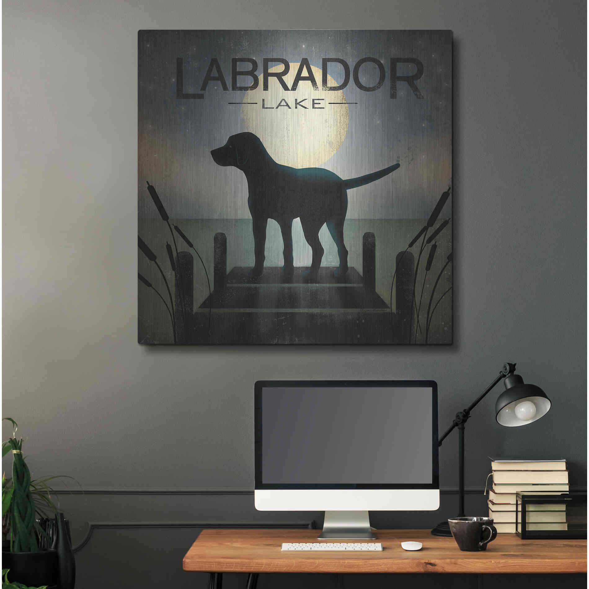 Luxe Metal Art 'Moonrise Black Dog - Labrador Lake 2' by Ryan Fowler, Metal Wall Art,36x36
