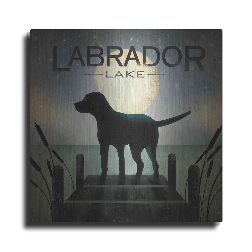 Luxe Metal Art 'Moonrise Black Dog - Labrador Lake 2' by Ryan Fowler, Metal Wall Art