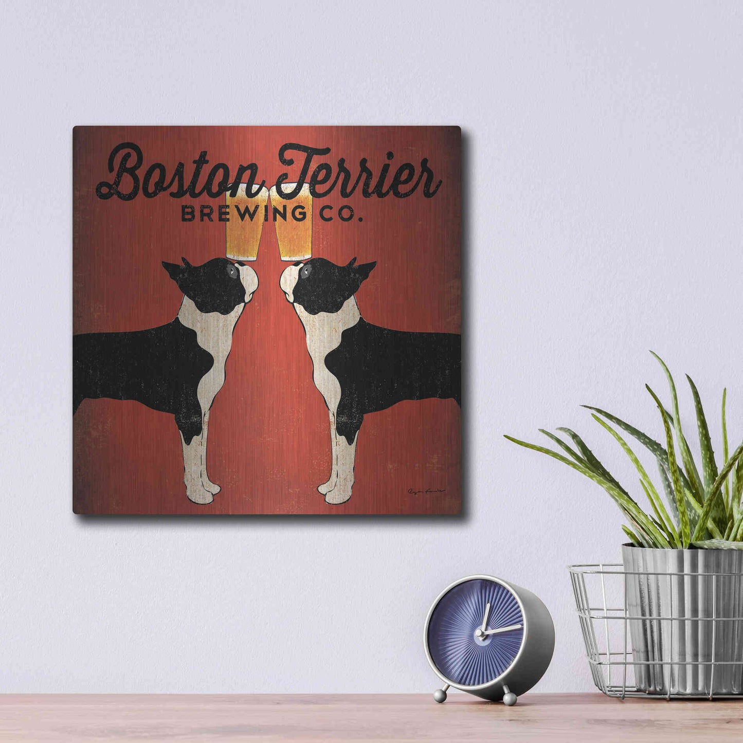 Luxe Metal Art 'Boston Terrier Brewing Co Square' by Ryan Fowler, Metal Wall Art,12x12