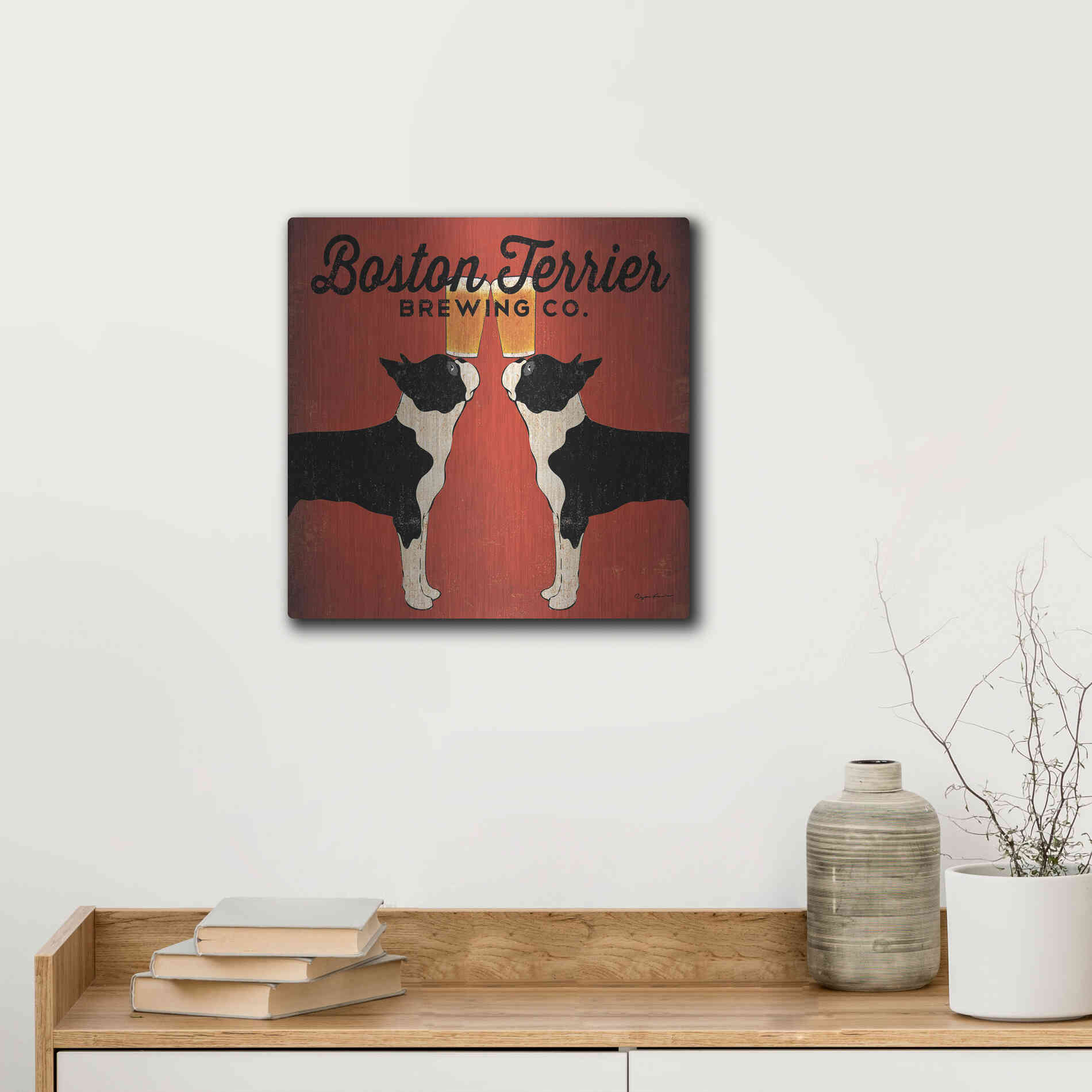 Luxe Metal Art 'Boston Terrier Brewing Co Square' by Ryan Fowler, Metal Wall Art,12x12