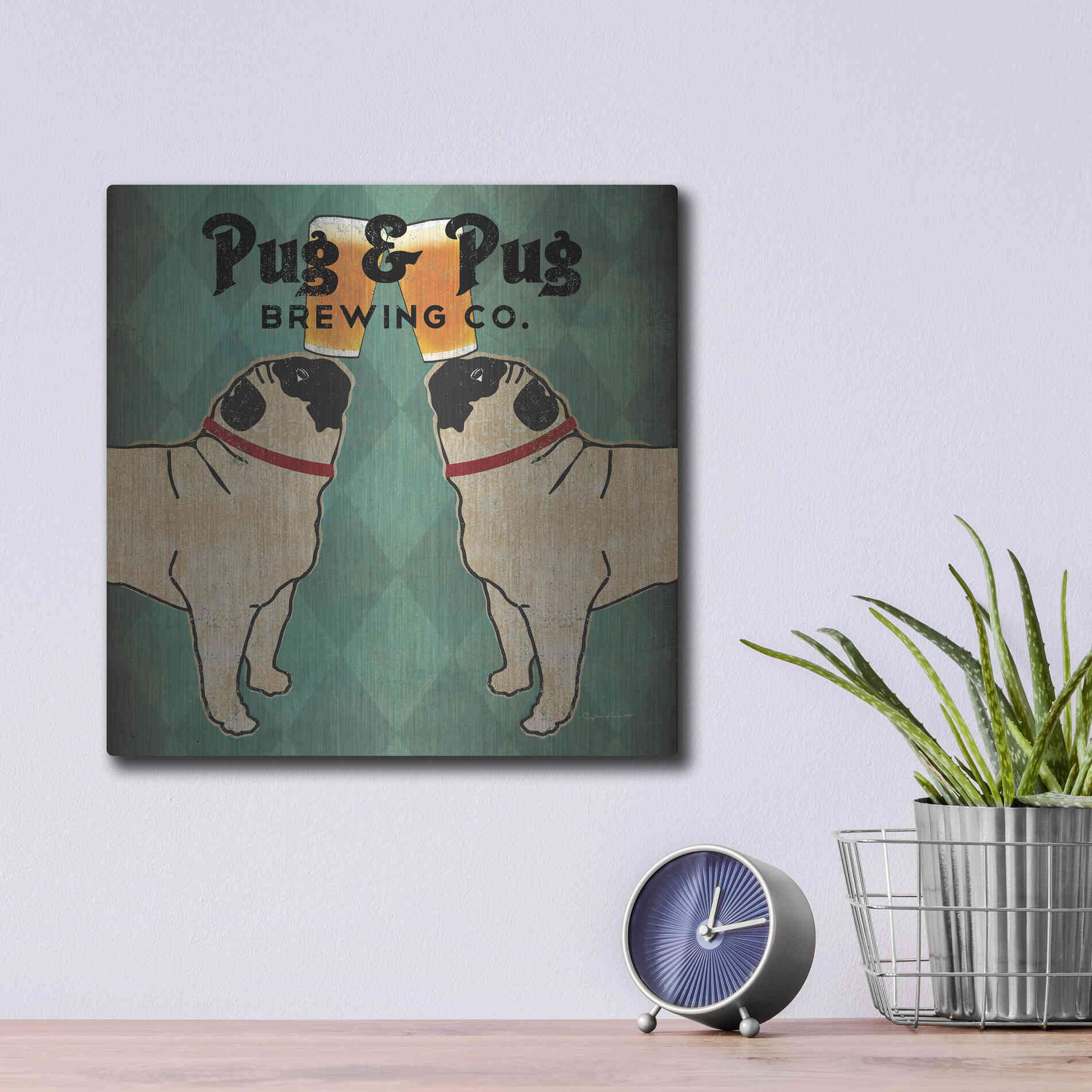 Luxe Metal Art 'Pug And Pug Brewing Square' by Ryan Fowler, Metal Wall Art,12x12